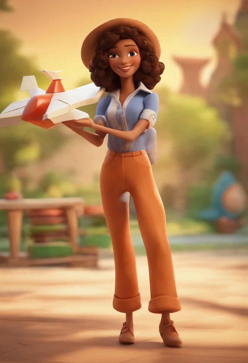 Garoto, estilo disney, tom de pele: claro: Cabelo: marrom escuro, liso, curto, penteado para o lado direito. camisa Cor rosa choque, dark blue jeans, Pana-style hat in a brown color on the head, ao lado de uma menina de pele clara, cabelo ruivo avermelhado liso, White shirt and orange pants, With light brown libro in hand,,. Background: a giant paper airplane, Book with light brown cover in hand, ambos sorrindo, feliz, (estilo pixar) (obra-prima:1.2) (bokeh) (melhor qualidade) (pele detalhada) (textura detalhada) (8k) (claymation) (cinematic lighthing) (foco nítido