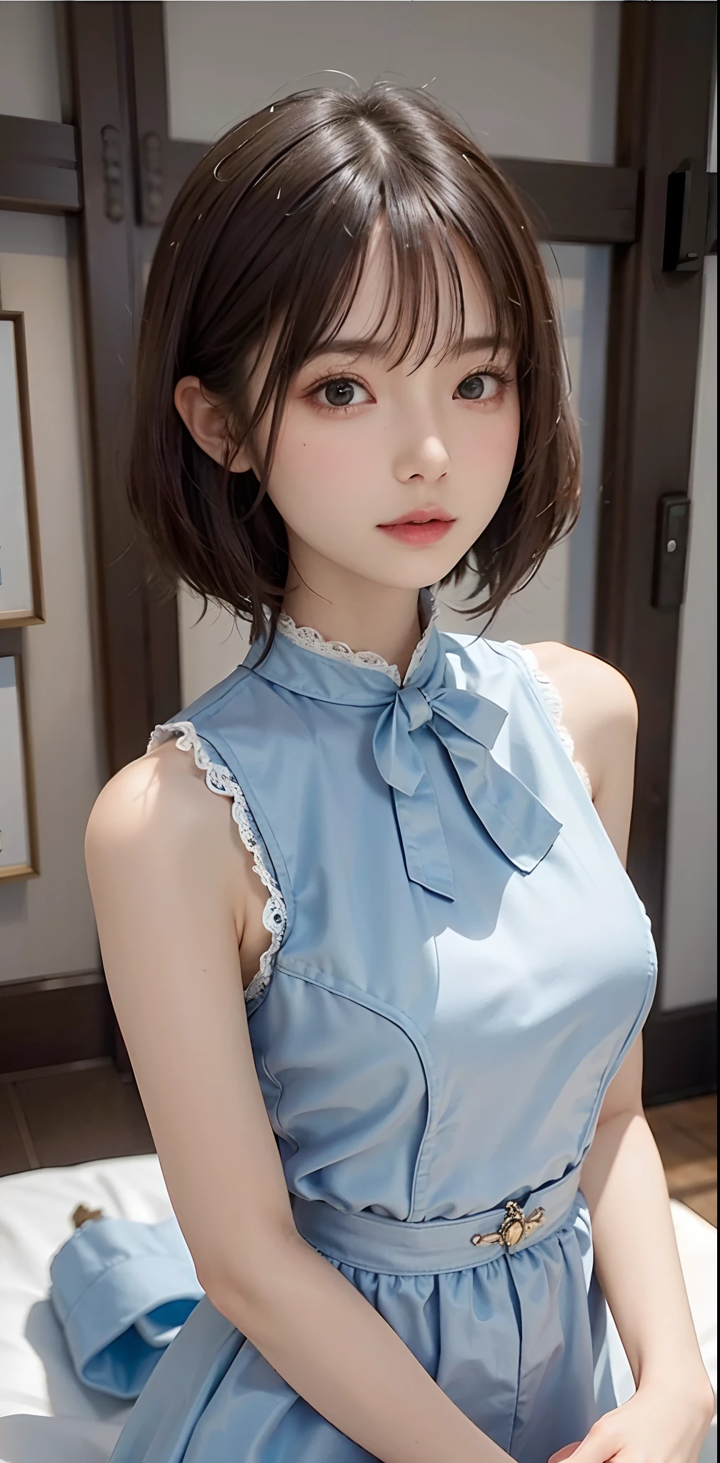 masterpiece、1 beautiful girl、A detailed eye、Puffy eyes、top-quality, 超A high resolution, (Realisticity: 1.4), OriginalPhotographs, 1Girl,cinematlic lighting、japanes、Asian Beauty、Super beauty、Beautiful skin、A slender、the body is facing forward、(A hyper-realistic)、(hight resolution)、(8K)、(ighly detailed)、(Best Illustration)、(beautifully detailed eyes)、(ultra-detailliert)、A detailed face、looking at viewert、Facing straight ahead、Neat and clean clothes、sleeveless、short-hair、A dark-haired、46-point diagonal bangs、Room with white background、neat atmosphere、