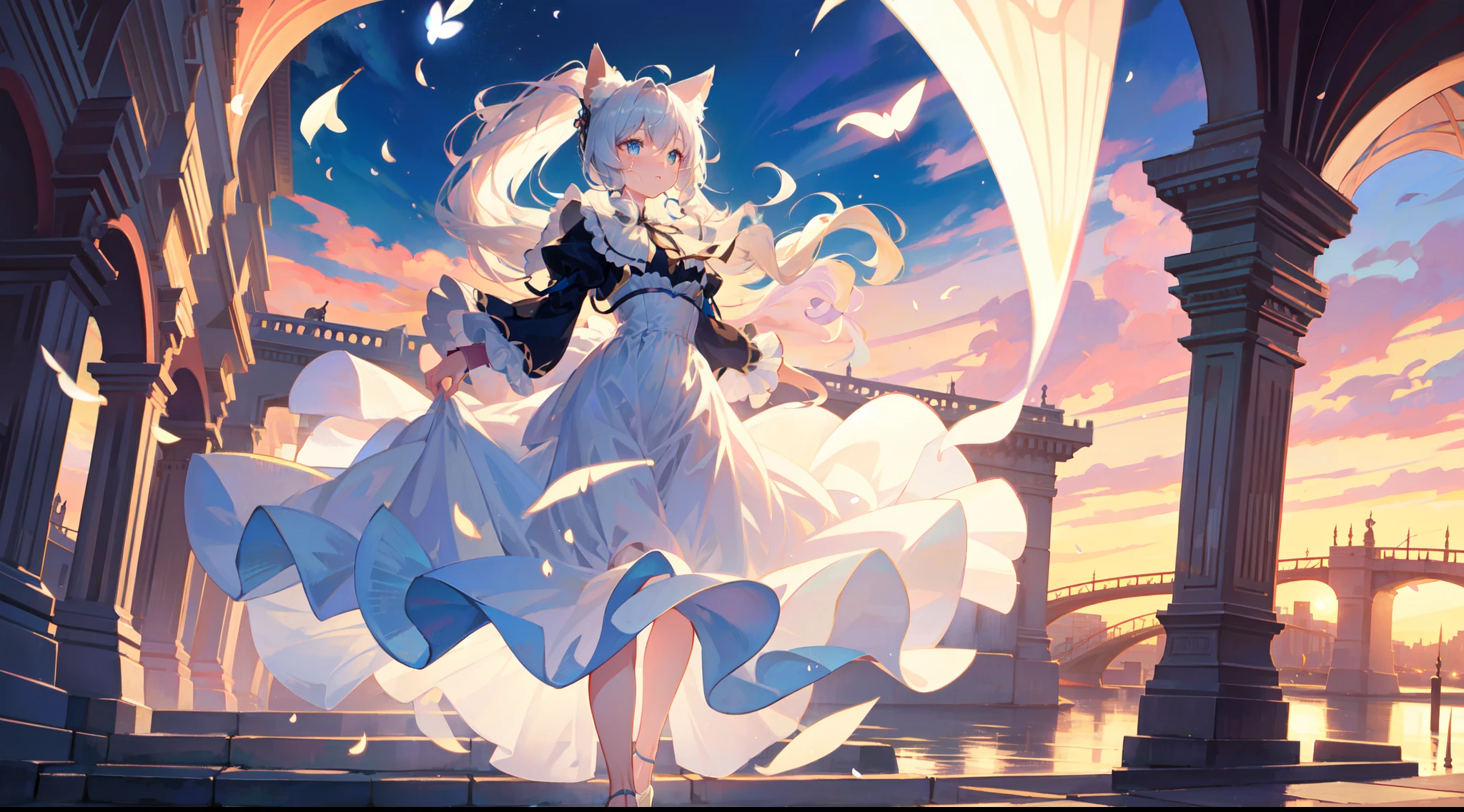 best quality, ultra detailed, full body, depth of field, white wavy fluttering victorian dress, teardrop breasts, long wavy ponytail, late evening, park riverside, animal ears, perfect anatomy,