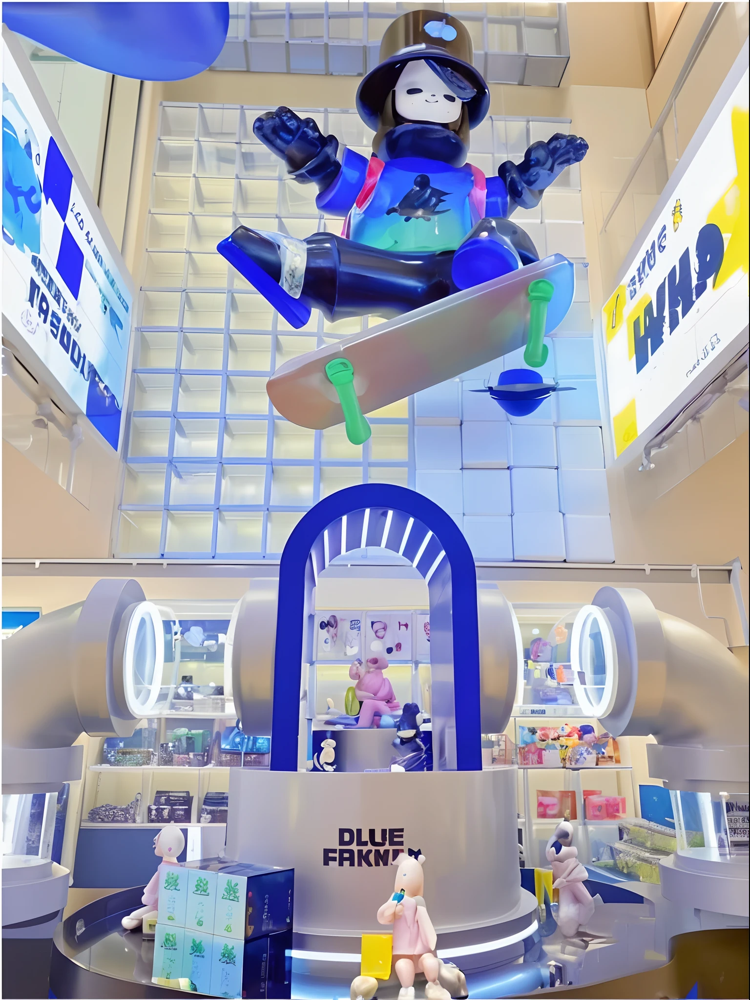 high-class,tmasterpiece,Hyper-realistic,hyper HD,超高分辨率,8K,A colorful blind box lottery pop-up shop,The overall atmosphere is simple and clean,There is a huge pipe installation in the middle,The overall space is colorful,There are many doll decorations,No Man,Large spatial perspectives