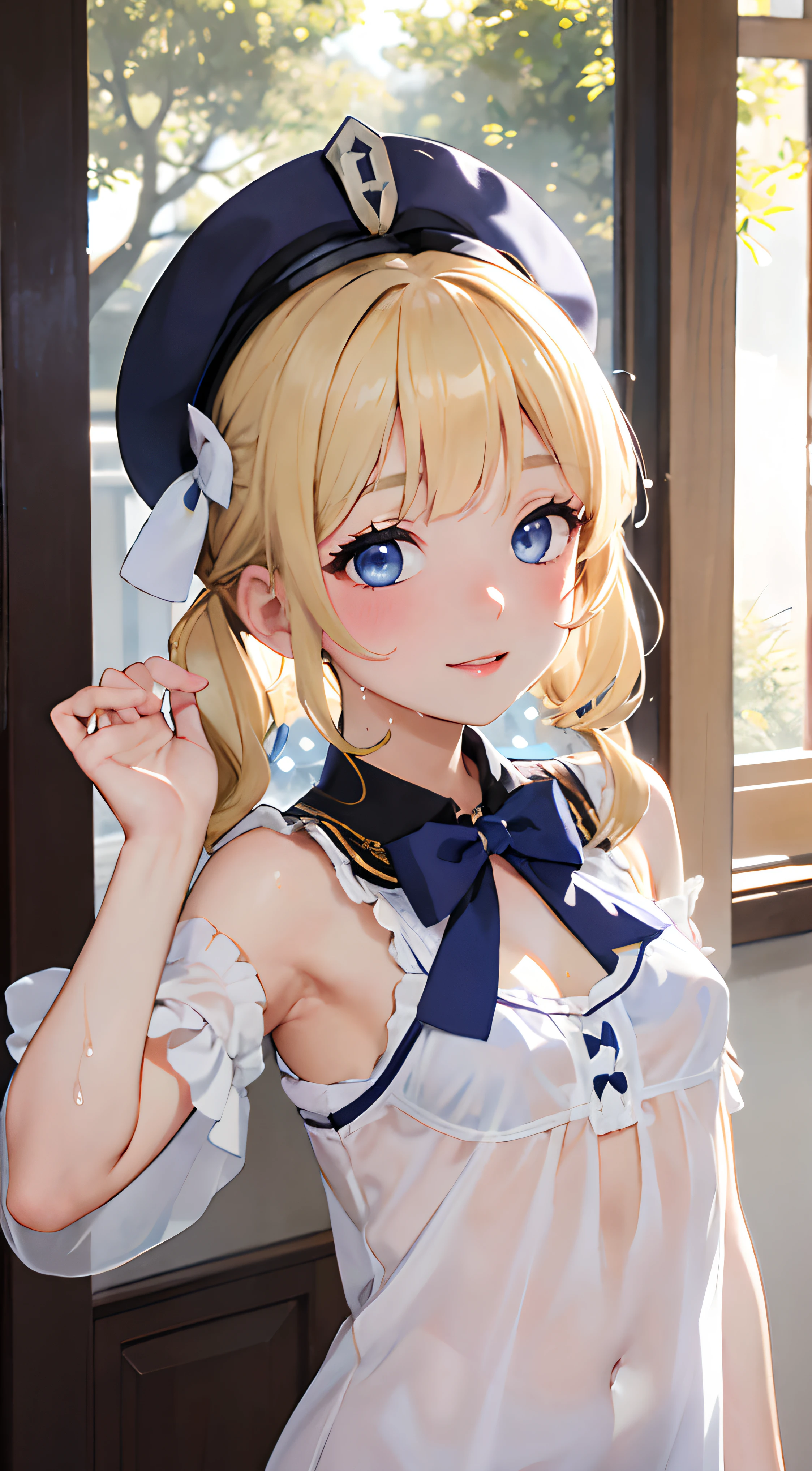 barbara_genshin, blonde_hair, blue_eyes, twintails, bangs, long_hair, drill_hair, twin_drills, hat, blush, white_headwear, hair_ornament, naughty pose, A young girl with small breasts in a white transparent nightgown sleeping on a bead, (hourglass body), bare chest, ((small breasts)), perky tits, a picture、realisticlying、top-quality、adopt、A detailed face, high details, 细致背景、diffuse sunlight、depth of fields、Bokeh、embarassed expression,  smile, closed mouth, upper body portrait, see-through, wet, the bow, glossy lips