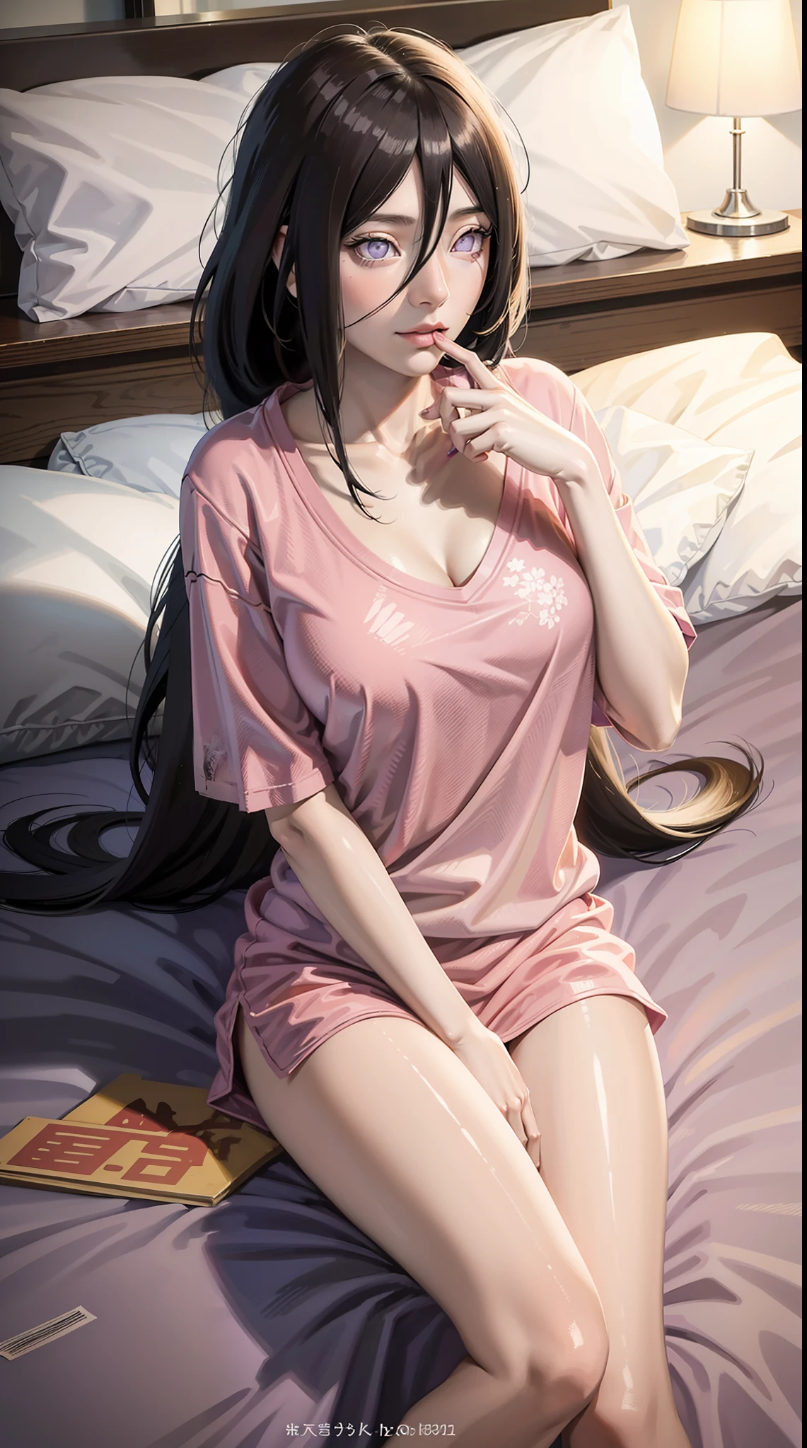 hyuuga hanabi, long hair tied low, hair band, hana, purple eyes, beautiful, beautiful woman, perfect body, perfect breasts, wearing a big pink t-shirt, red panties, in bed, bedroom, bed, sitting on the bed sleeping, looking at the viewer, slightly smiling, realism, masterpiece, textured skin, super detail, high detail, high quality, best quality, 1080p, 16k