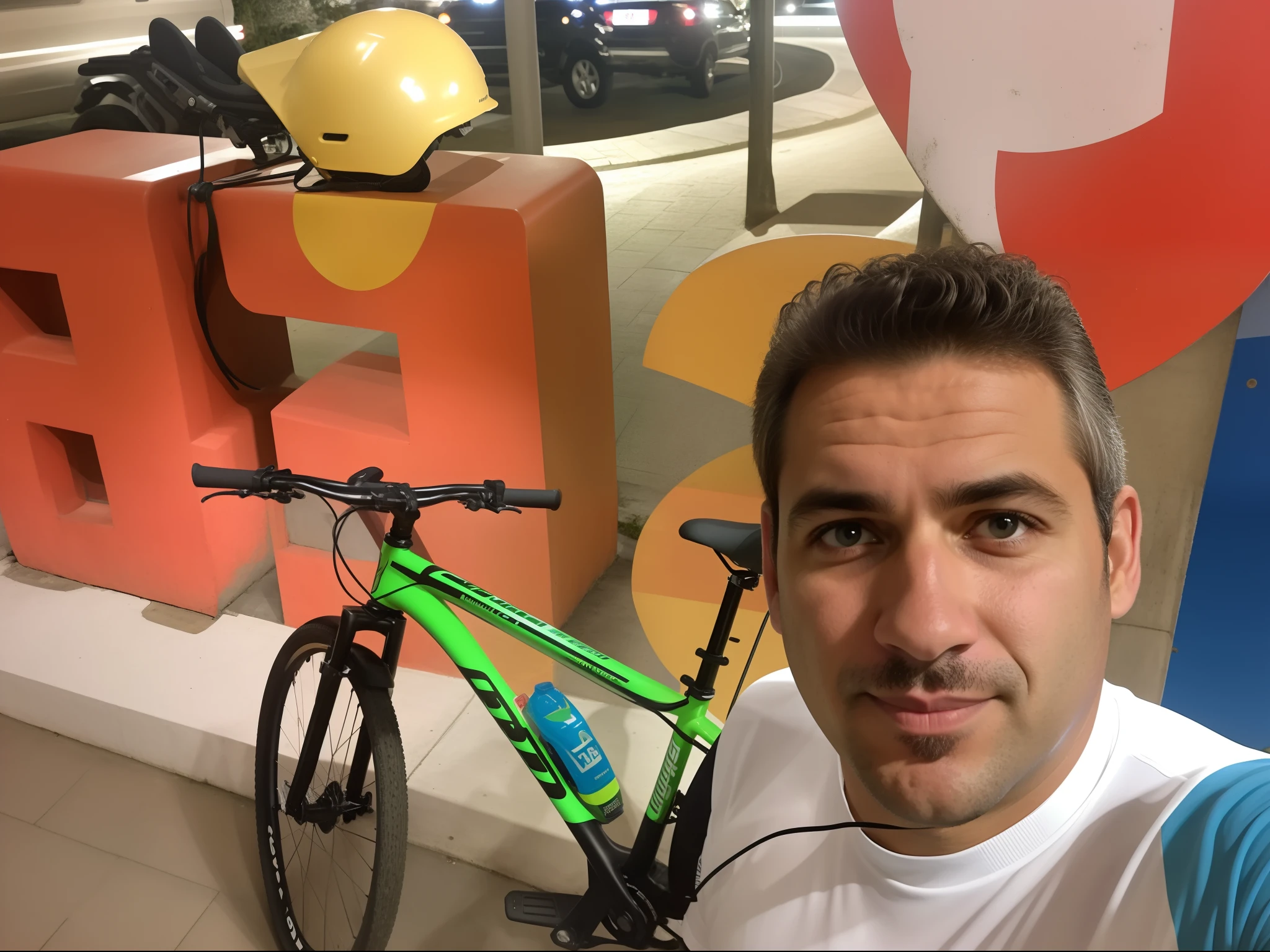 Homem parado ao lado de uma bicicleta em frente a uma placa, bicicleta no fundo, photo taken at night, Homem de 4 0 anos, luiz escanuela, imagem de perfil