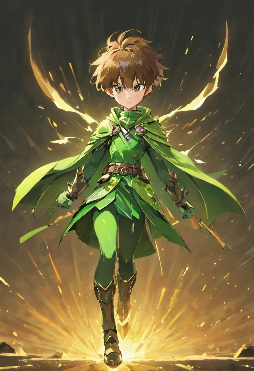 1guy,brown hair, 5’11’’tall,bulky,lightmuscle,nottoskinny,dagger sheath, dagger in hand aimed forward, light leather and iron armor, eyes color green, small horn forming on head, boots silver white cape,