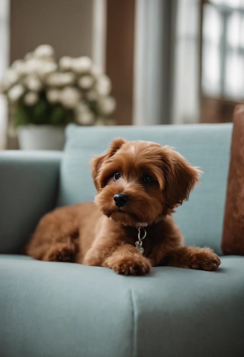 There's a dog sitting on a couch looking up, muito bobo olhando, super cute and friendly, looking away from camera, holding it out to the camera, olhando de lado!, Very detailed!, Looking away from the camera, staring directly at camera, looking to the side off camera, ligeiramente desfocado, looking defiantly at the camera, staring directly at camera