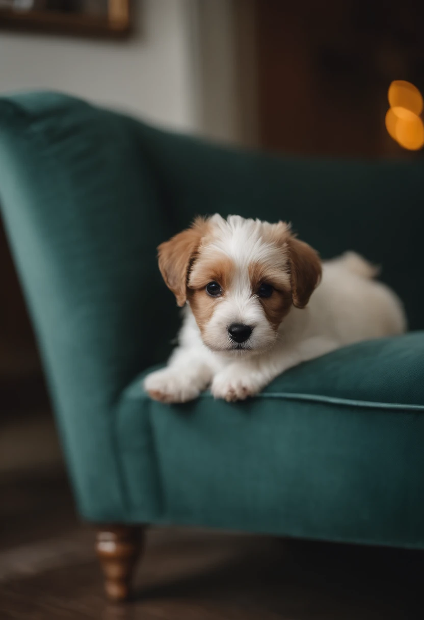 There's a  dog sitting on a couch looking up, muito bobo olhando, super cute and friendly, looking away from camera, holding it out to the camera, olhando de lado!, Very detailed!, Looking away from the camera, staring directly at camera, looking to the side off camera, ligeiramente desfocado, looking defiantly at the camera, staring directly at camera