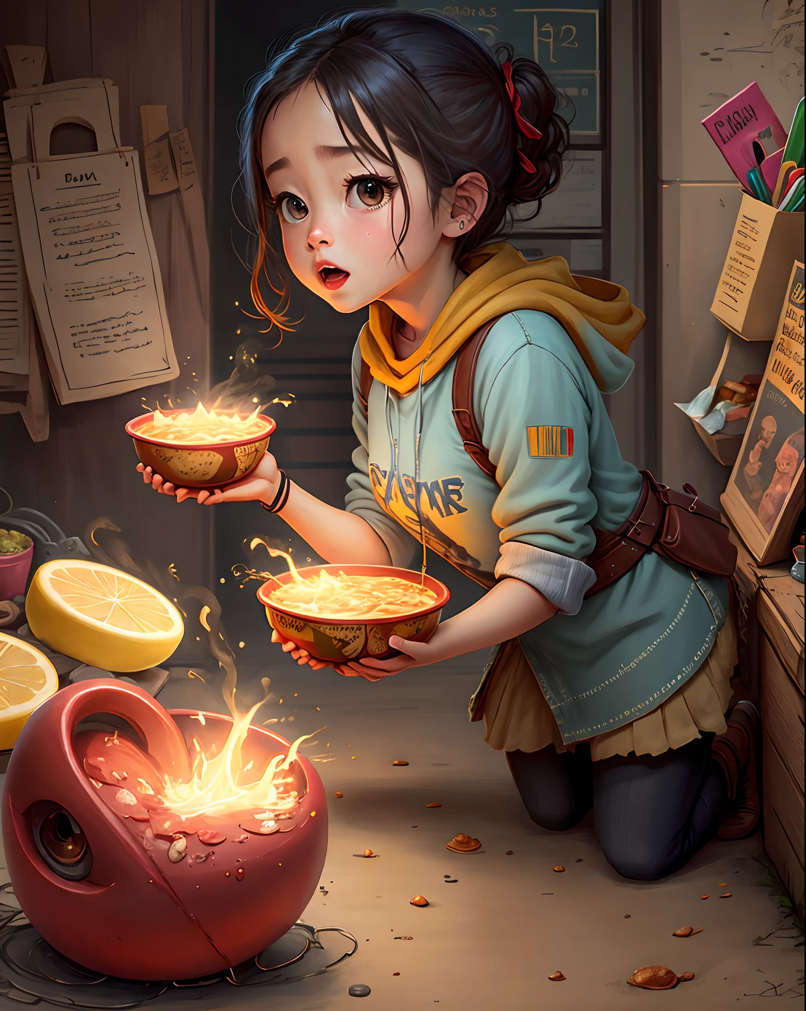 Digital Art,photoRealstic、 prety woman(nendroid) 、Rays around the woman(Fire Spirit, Water Spirit, Earth Spirit), Making fried eggs in a frying pan, bio luminescent、