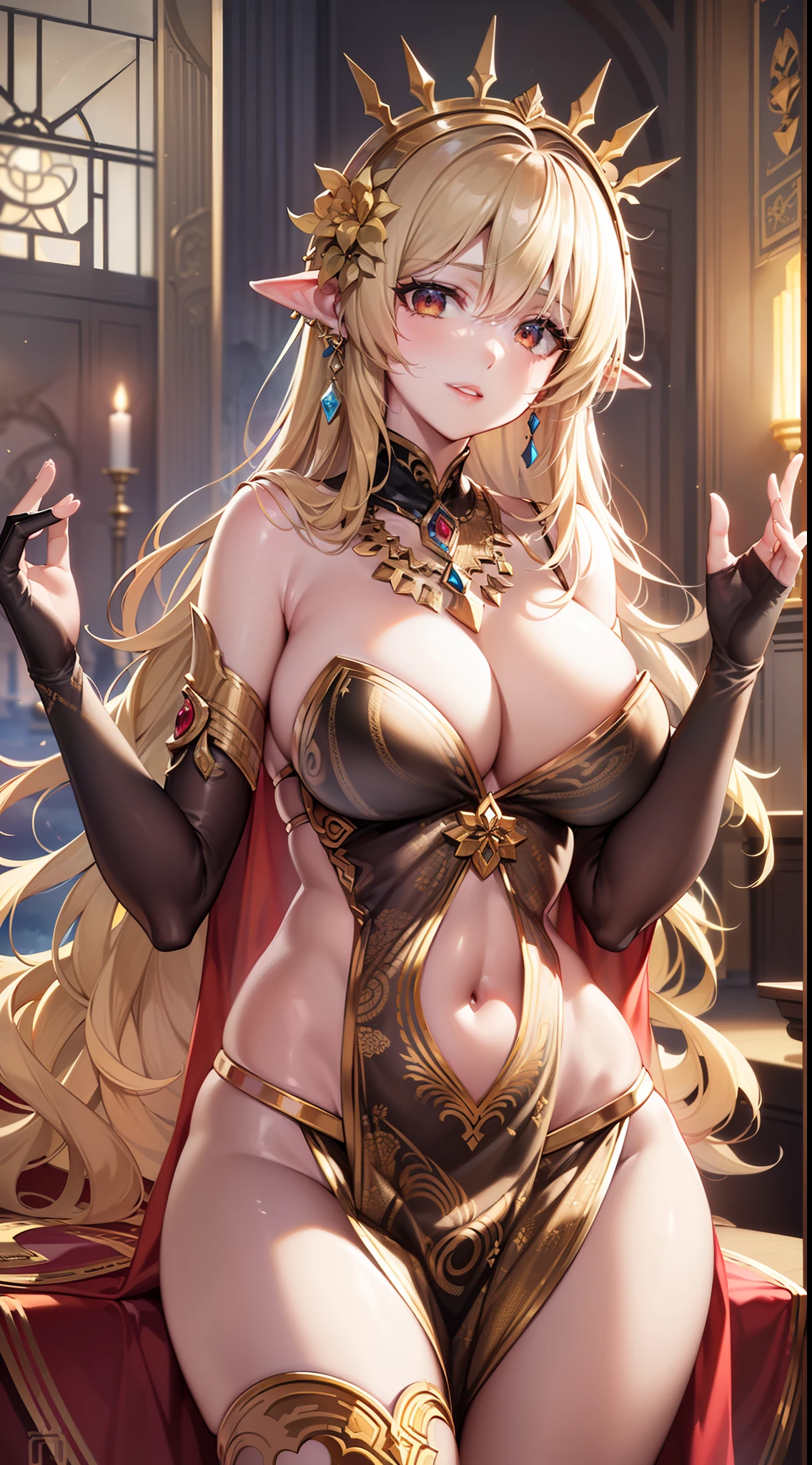 (Highly detailed CG Unity 8k wallpaper, masterpiece, top quality), (sexy woman, natural and seductive posture, long straight blonde hair, cleavage, goddess in sheer costume), (temple altar), one woman, detailed depiction, standing figure, side, pretty face