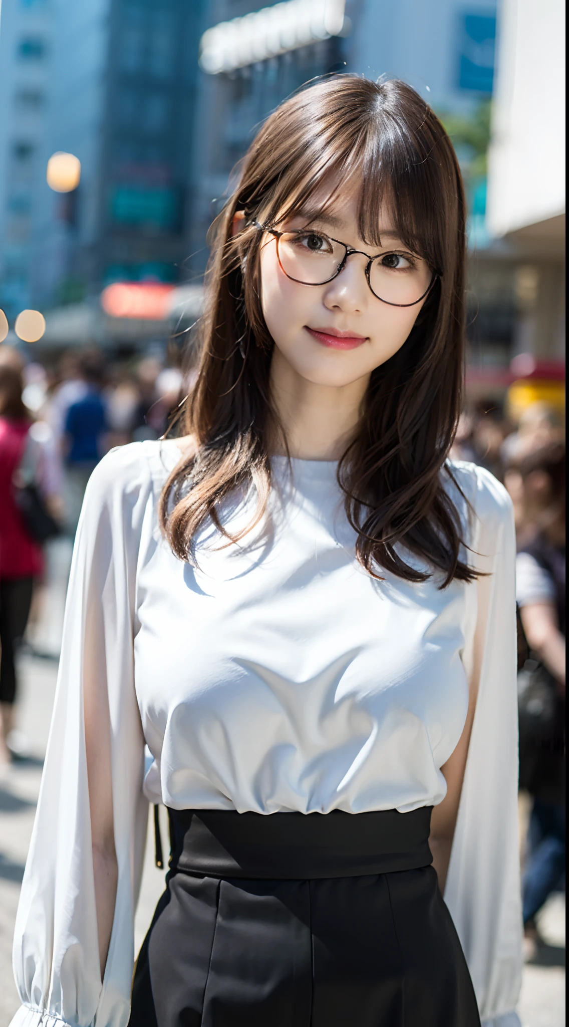 (8K、Raw photography、top-quality、​masterpiece:1.2)、(realisitic、Photorealsitic:1.37)、ultra-detailliert、超A high resolution、女の子1人、see the beholder、beautifull detailed face、A smile、Constriction、(Slim waist) :1.3)、((White blouse clothes))、Beautiful detailed skin、Skin Texture、Floating hair、((Hair bunched into one))、large full breasts、Professional Lighting、In front of the station at noon、((Black square glasses))、Whole human body、Brown hair、phone、