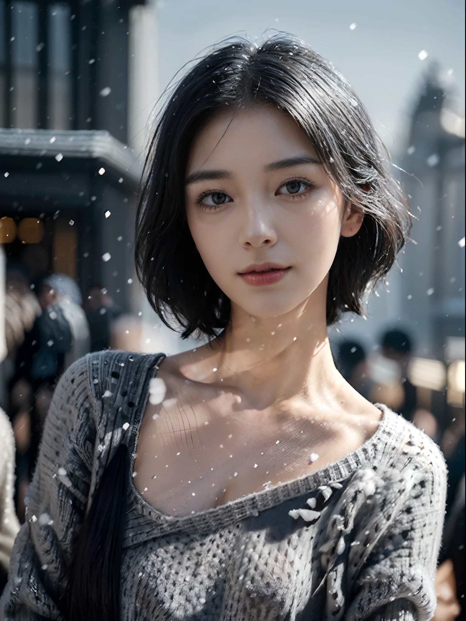 (shoulder length straight short black hair:1.2),(((8k))),(Extremely meticulous CG) ,(wallpaper),16k,(Extremely refined and beautiful），（Masterpiece），（best qualtiy：1.0），（Ultra High Resolution：1.0），beautiful light up，Perfect lightning，realistic shaded，[A high resolution],(Smooth and flawless fair skin:1.5),Extremely exquisite facial details,(perfect body：1.1),ultra - detailed,A beautiful girl,small head,(Small breasts:1.1),Flat chests，slim，thin，Smile，cheerfulness,(Light gray sweater:1.5),(nightfall:1.5),Sunset light,(Surrounded by a crowded crowd:1.5),At the school gate,(close-up of upper body:1.5),(portrait:1.5),side view,(snowy weather:1.1),(snowing:1.2),standing,Cleavage,shoulder off,hair flying,clavicle