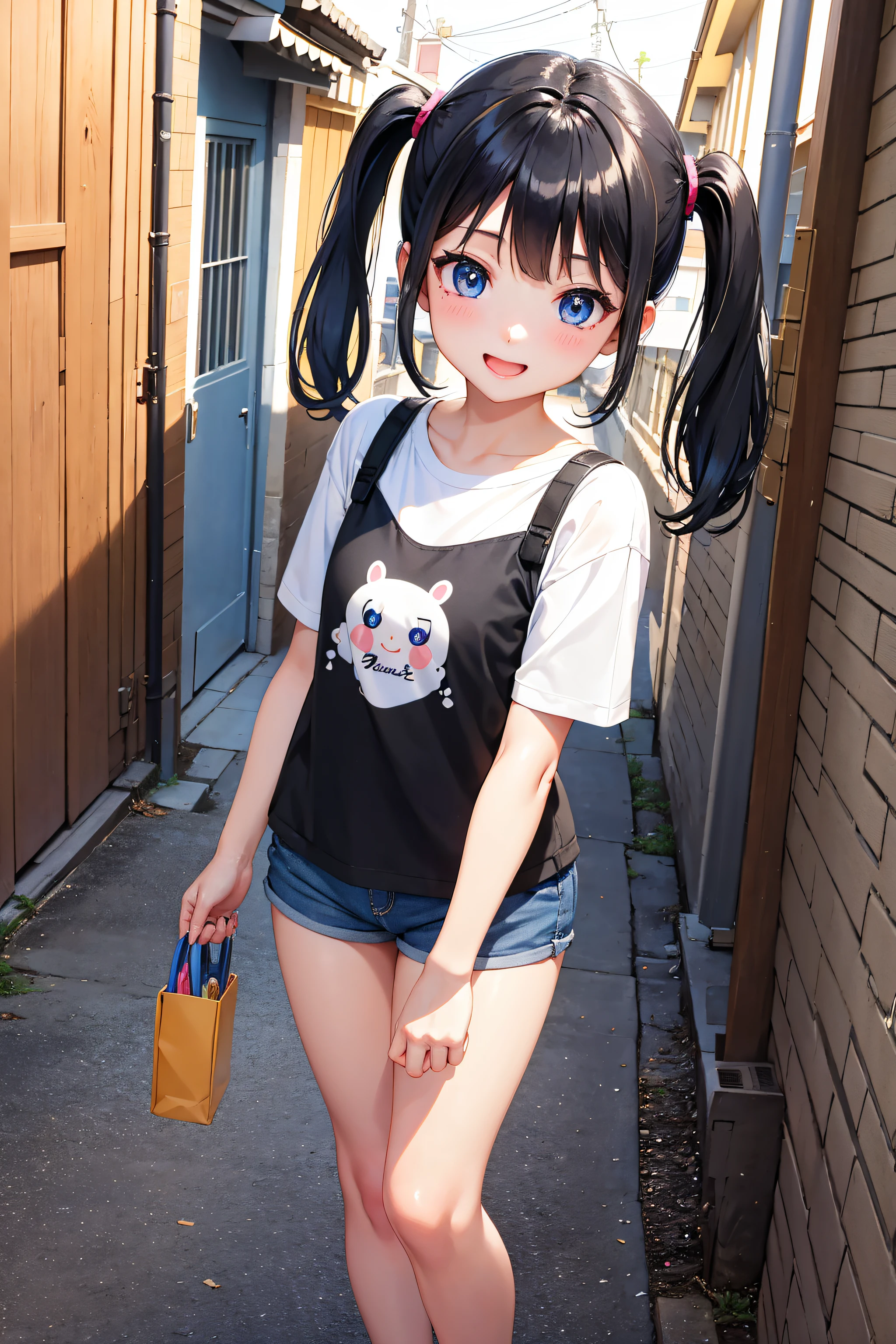 selfie,Beautiful illustration、masterpiece, top-quality ((alley)), from below, 1 girl,A Cute girl、mini girl, 4th grup, standing, seductive smile, open mouth, black hair, twin tails ,blue eyes、(hotpants), (Tshirts), lovely thighs、glowing thigh, shinyskin, sexy,