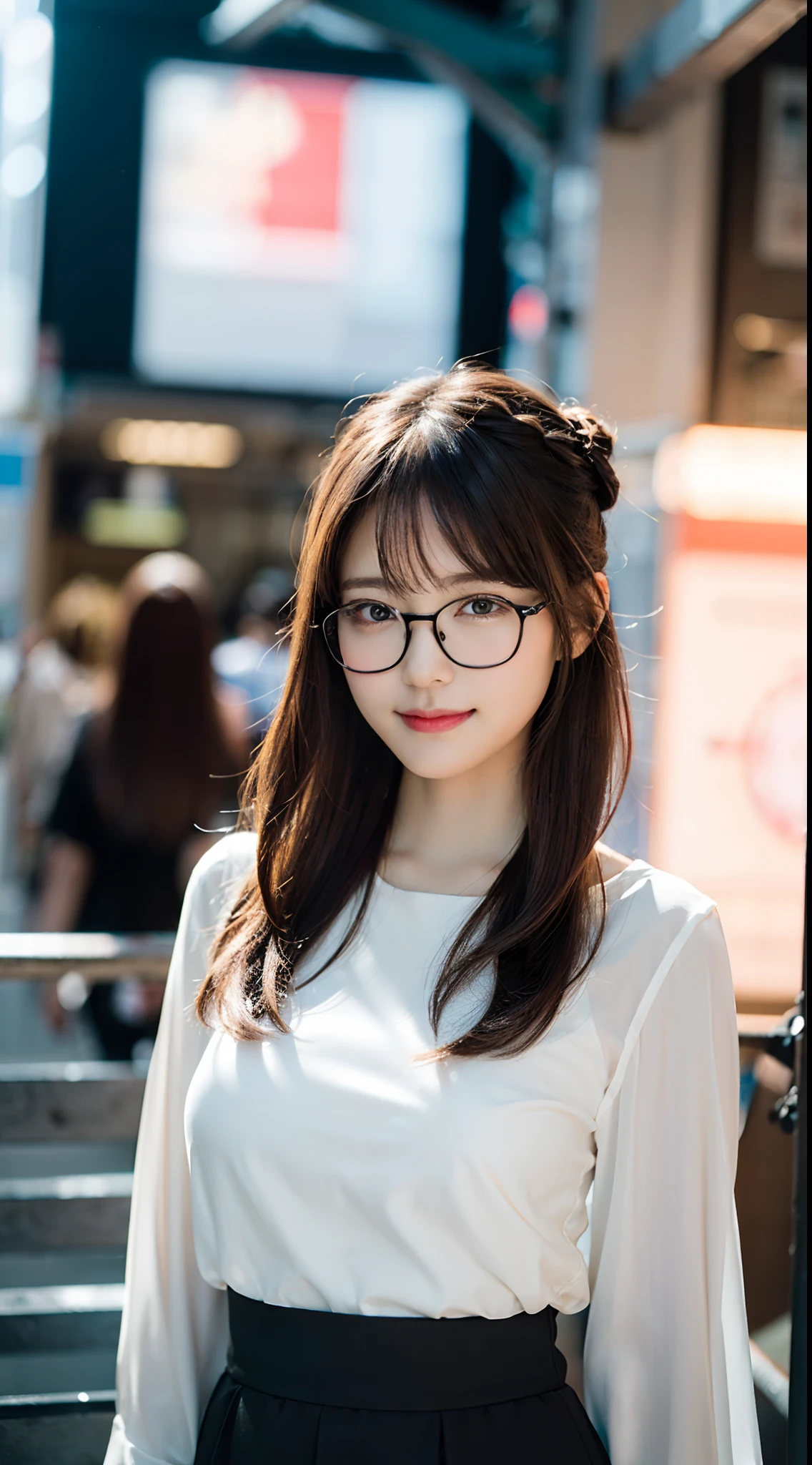 (8K、Raw photography、top-quality、​masterpiece:1.2)、(realisitic、Photorealsitic:1.37)、ultra-detailliert、超A high resolution、女の子1人、see the beholder、beautifull detailed face、A smile、Constriction、(Slim waist) :1.3)、((White blouse clothes))、Beautiful detailed skin、Skin Texture、Floating hair、((Hair bunched into one))、large full breasts、Professional Lighting、In front of the station at noon、((Black square glasses))、Whole human body、Brown hair、phone、
