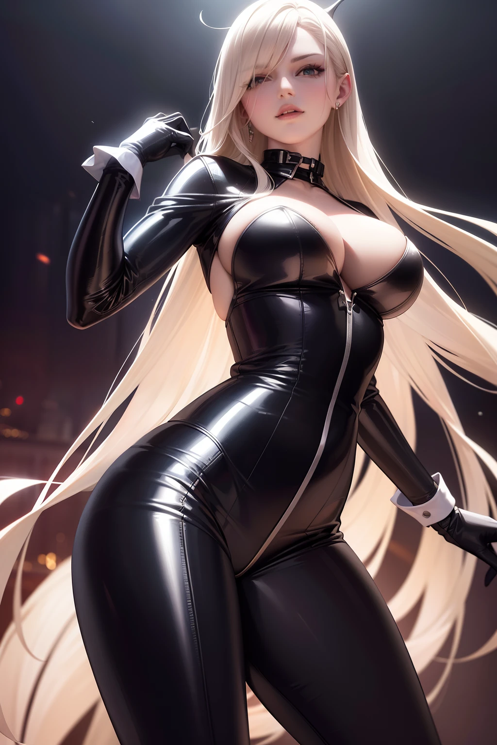 best quality, (RAW photo:1.2), (masterpiece:1.4), (photorealistic:1.4), (highres:1.4), 1girl, depth of field, flight attendant, intricately detailed, 8k, extremely detailed, perfect lighting, epic background, solo, super fine photo, portrait digital art Unreal Engine 5 8K UHD of a girl, concept art, character concept design, fetish clothing, rubber clothes, vampire queen, wearing black latex bodysuit with straps and belts, long white latex gloves with straps, latex high heels, long hair, seduce face, fantasy fashion design, walking in town, night time background, best quality, masterpiece, super detailed, sharp focus, female pose
