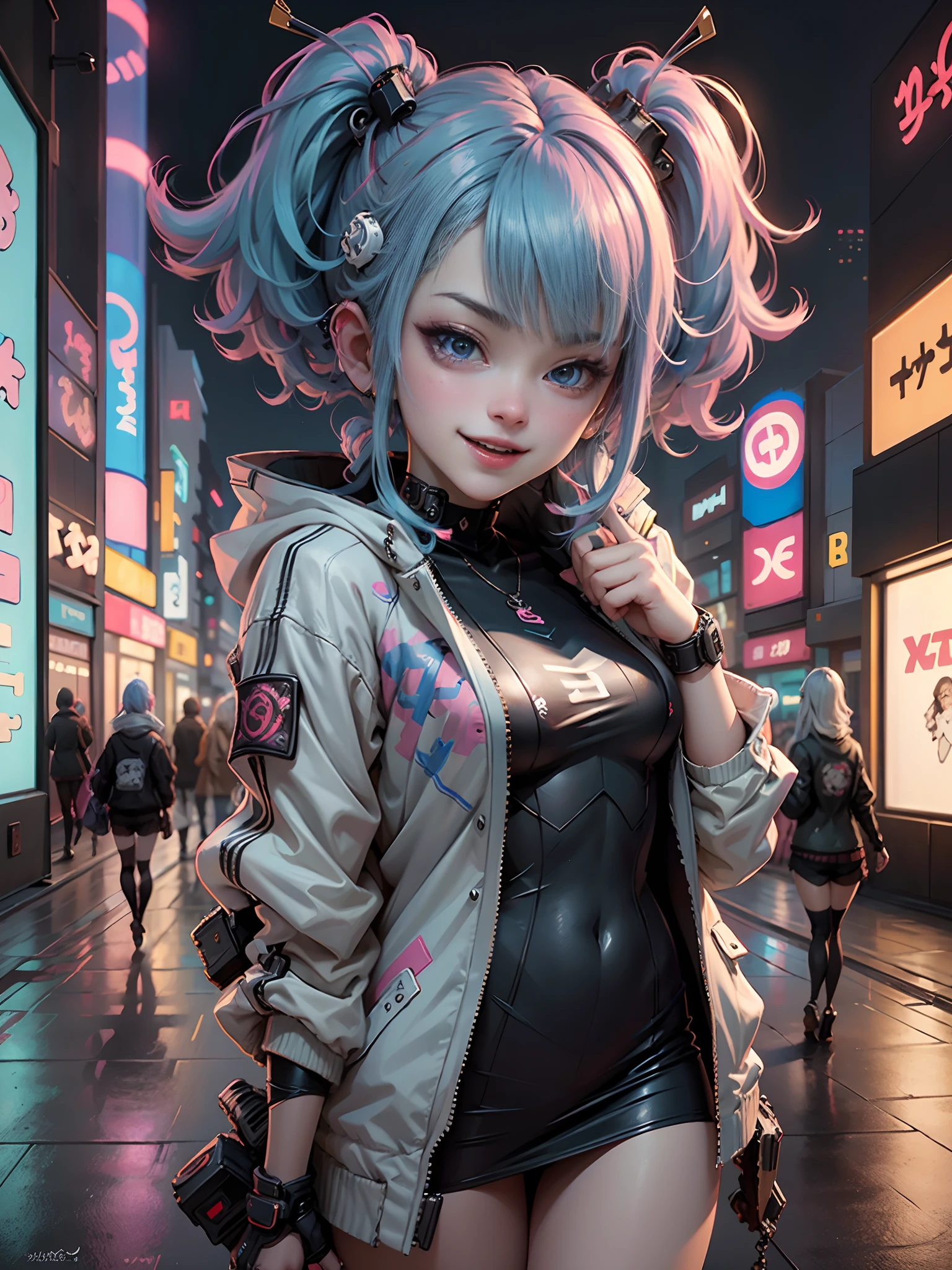 Anime masterpiece, best quality, (((2 laughing teenaged cyberpunk girls ((wearing detailed Harajuku tech jackets)) standing together for portrait))), (((Harajuku cyberpunk clothing)))), (bold colors and patterns), eye-catching accessories, trendy and innovative hairstyle))), ((insane detail)), dazzling Cyberpunk cityscape, skyscrapers, glowing neon signs, (LED lights), anime illustration, detailed skin texture, detailed cloth texture, beautiful detailed face, intricate details, ultra detailed, cinematic lighting, strong contrast, colorful.