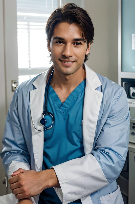 A sexy indian male doctor wearing lab coat, stethoscope and white gloves, he is very handsome,he has a penis, seductively expression
