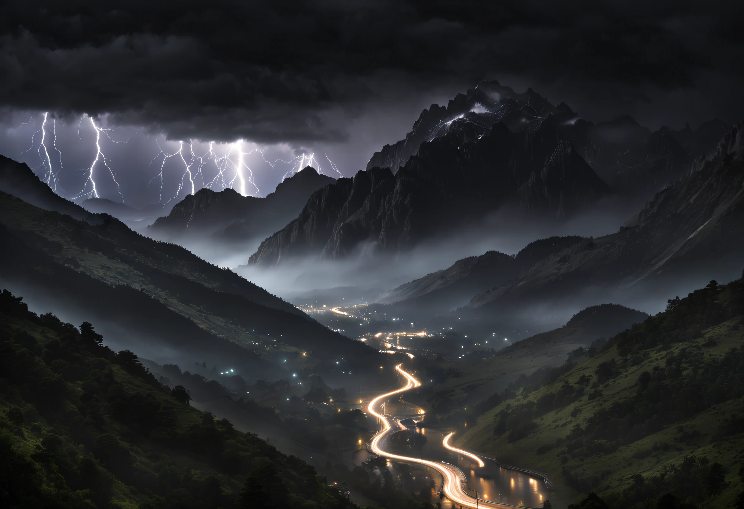 "(best quality, 4k, 8k, high resolution, masterpiece: 1.2), ultra detailed, (realistic, photorealistic, photorealistic: 1.37), (rain in the mountains at night:1.42), lightning, ocean waves (large and threatening), stormy atmosphere, dark silhouette of mountains, vivid colors, high contrast, moonlight casting shadows, mystical landscape, distant flickering lights, ominous storm clouds looming over the peaks, electricity in the air, downpour torrential, dramatic lightning, striking the mountain tops, illuminating the surroundings, the crackling sound of thunder, the peaceful stillness between the strikes, dark and mysterious images, bright raindrops, reflections of the moon in the water, feeling of wonder and power, the brute force of nature, intense and unpredictable thunderstorms, rugged terrain, sharp mountain peaks, serene yet sinister environment, moody and atmospheric ambiance, exquisite attention to detail, masterful realism, impressive dynamic range, emphasizes beauty and the drama of the scene, luminous moon shining in the night sky, unique perspective capturing the vastness of the mountains, fascinating and captivating works of art, inspiring a sense of awe and wonder, showing the majesty of nature in all its grandeur, detail the intricate textures of the landscape and create a truly immersive experience."