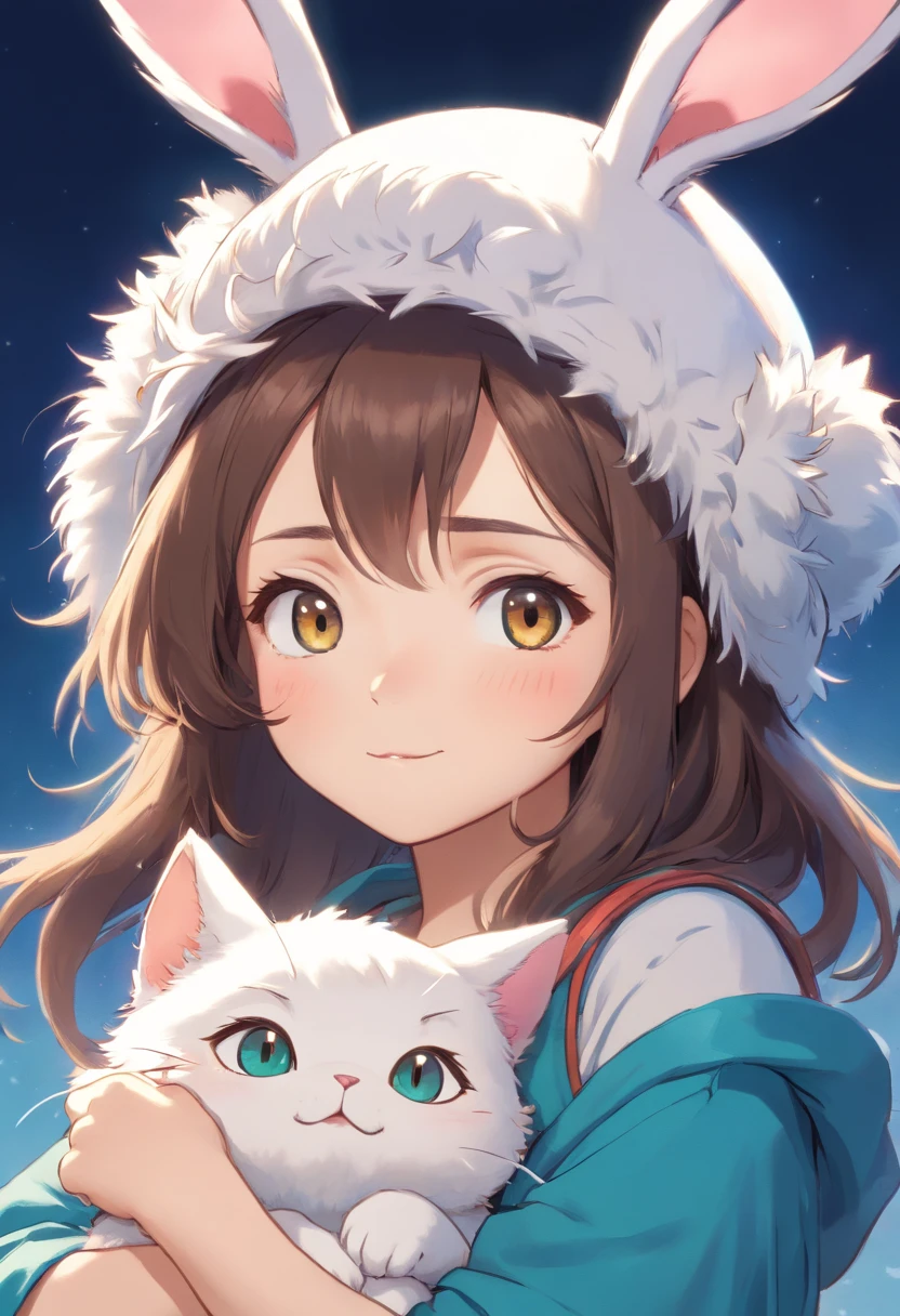 (Cute cat in bunny hat, No background), (Best Quality, Ultra-detailed, realisitic:1.37), Lovely eyes, A face full of expressions, fluffy fur, vibrant colours, Artistic rendering, Soft light, playful expression, Complex beard, Realistic nose and mouth, Vivid features, high resolution texture, proporções perfeitas, attention to detail, realistic style, studio lit, attention-grabbing, eye-catching, Professional Quality, Vivid and bright colors.