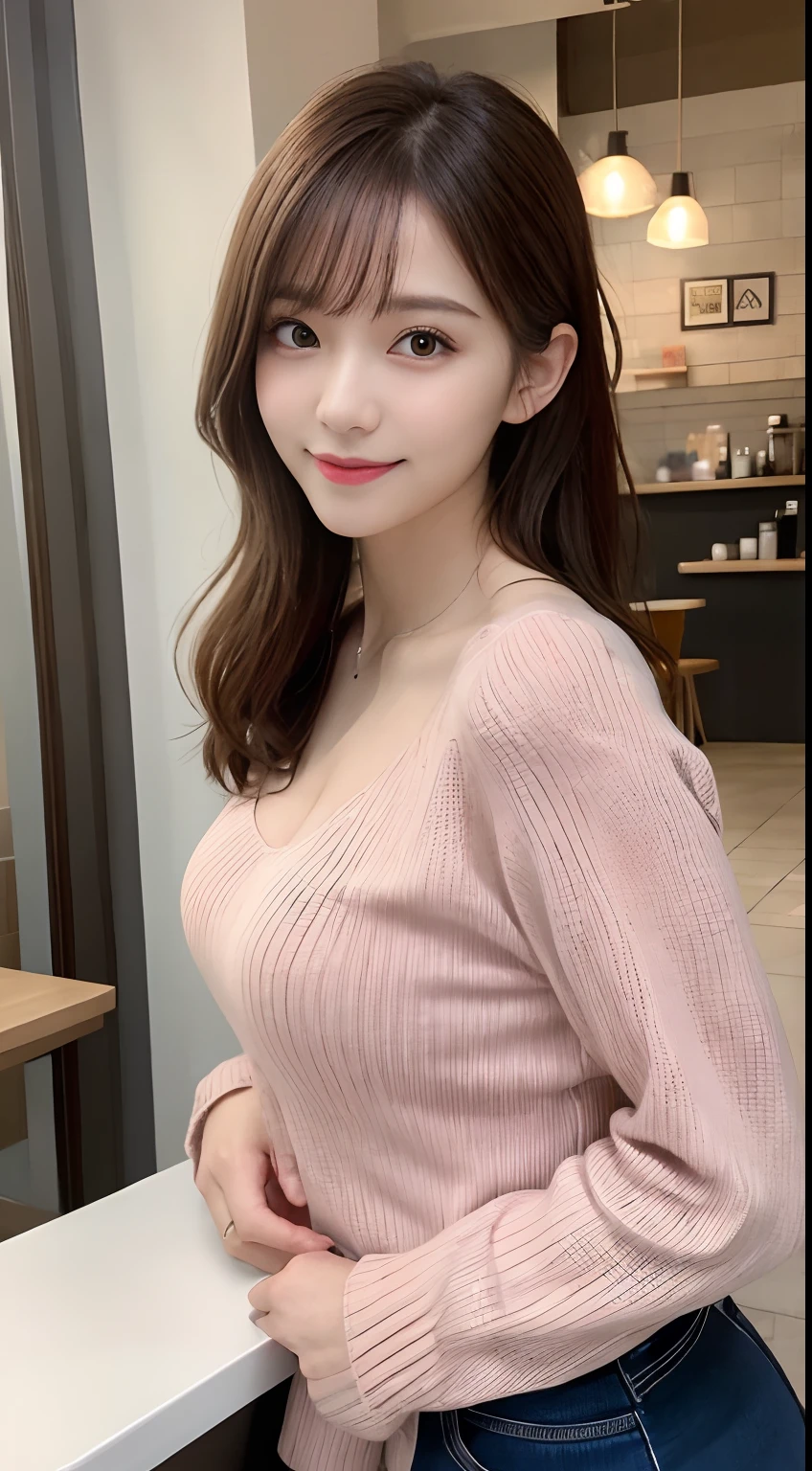 ((Night, Realistic Light, Best Quality, 8K, Masterpiece: 1.3)), 1 Girl, Slim Beauty: 1.4, (Brown Hair, Medium Breasts: 1.3), Long Pink Sweater: 1.1, Bathroom, Super Beautiful Face, Delicate Eyes, Double Eyelids, Smile, Necklace