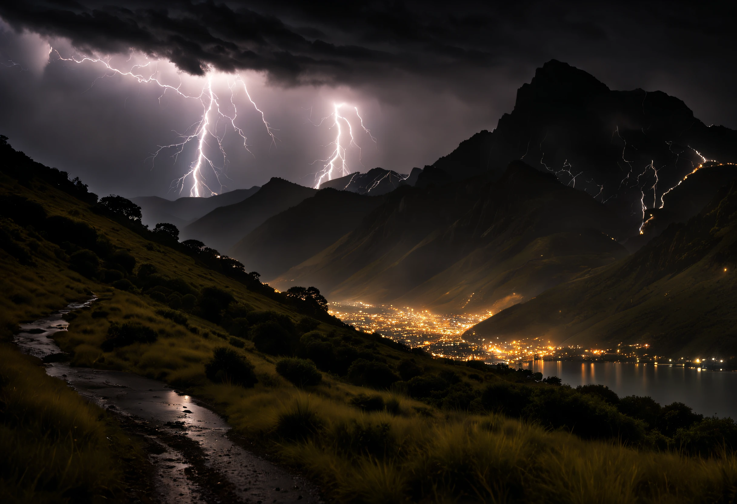 "(best quality, 4k, 8k, high resolution, masterpiece: 1.2), ultra detailed, (realistic, photorealistic, photorealistic: 1.37), (rain in the mountains at night:1.42), lightning, ocean waves (large and threatening), stormy atmosphere, dark silhouette of mountains, vivid colors, high contrast, moonlight casting shadows, mystical landscape, distant flickering lights, ominous storm clouds looming over the peaks, electricity in the air, downpour torrential, dramatic lightning, striking the mountain tops, illuminating the surroundings, the crackling sound of thunder, the peaceful stillness between the strikes, dark and mysterious images, bright raindrops, reflections of the moon in the water, feeling of wonder and power, the brute force of nature, intense and unpredictable thunderstorms, rugged terrain, sharp mountain peaks, serene yet sinister environment, moody and atmospheric ambiance, exquisite attention to detail, masterful realism, impressive dynamic range, emphasizes beauty and the drama of the scene, luminous moon shining in the night sky, unique perspective capturing the vastness of the mountains, fascinating and captivating works of art, inspiring a sense of awe and wonder, showing the majesty of nature in all its grandeur, detail the intricate textures of the landscape and create a truly immersive experience."