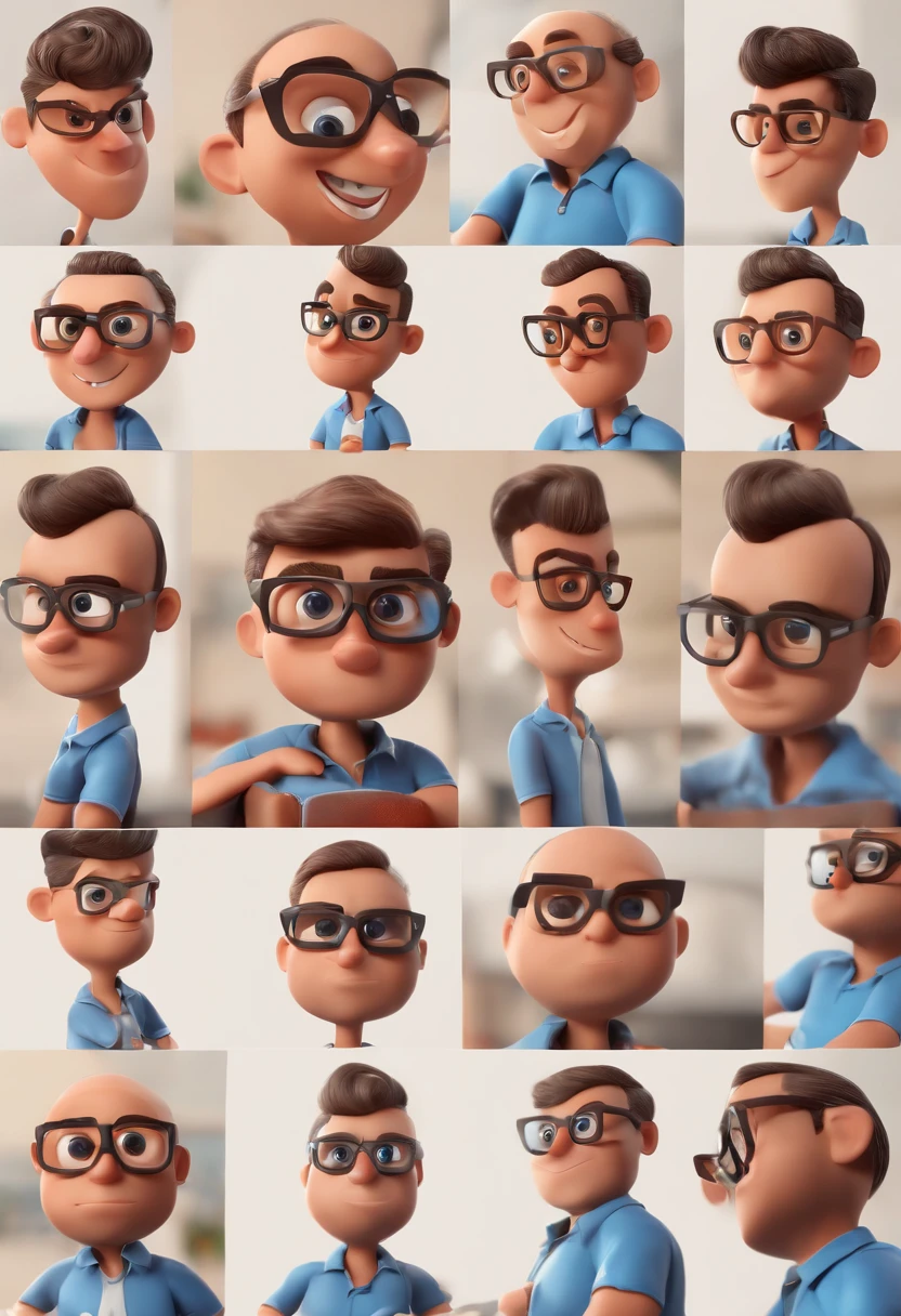 Cartoon character of a man with black glasses and a blue shirt, animation character, Caractere estilizado, animation style rendering, 3D estilizado, Arnold Maya render, 3 d render stylized, toon render keyshot, Personagem 3D, Personagem 3D, 3d rendering stylized, 3 d character render, personagem de desenho animado, Personagem de close up, Pose de personagem, (Estilo Pixar) (master part:1.2) (Bokeh) (best quality) (pele detalhada) (textura detalhada) (8k) (argila) (Cinematic lighting) (foco nítido