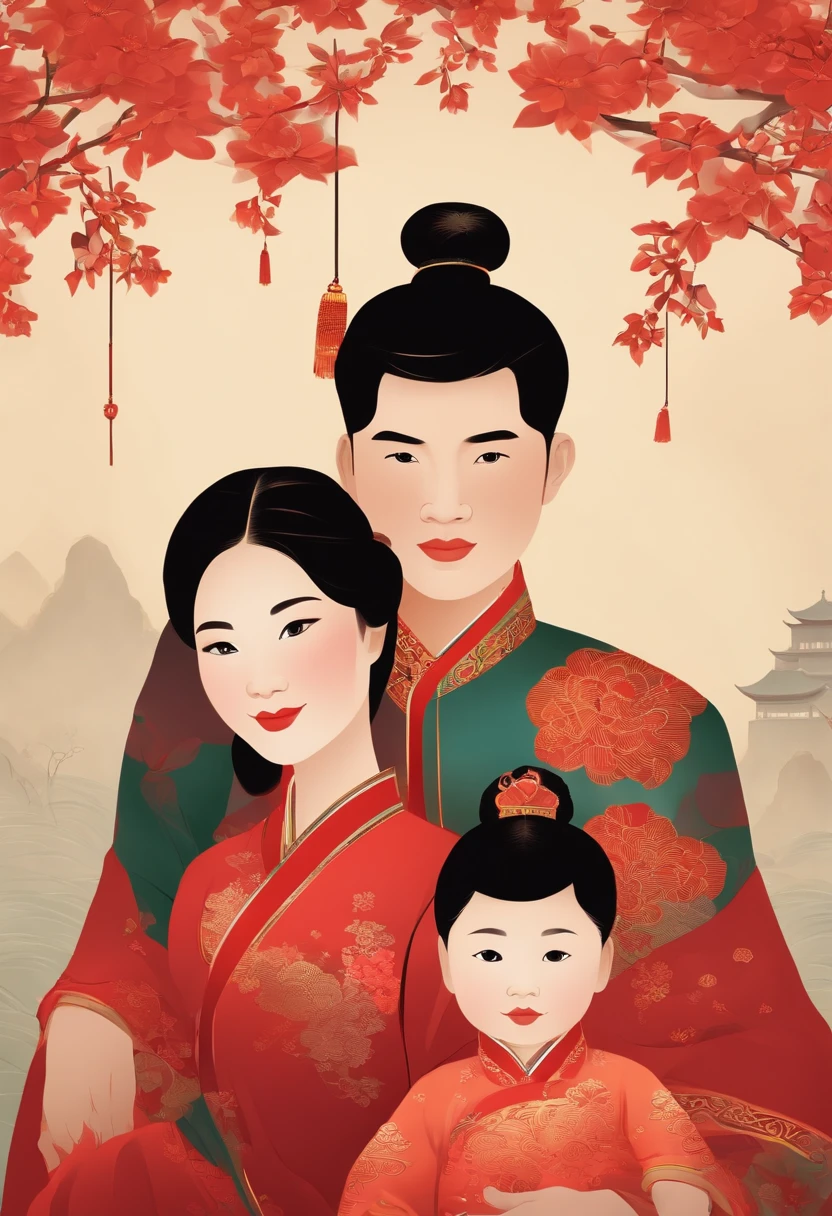 Chinese family portrait Young father, mother, daughter