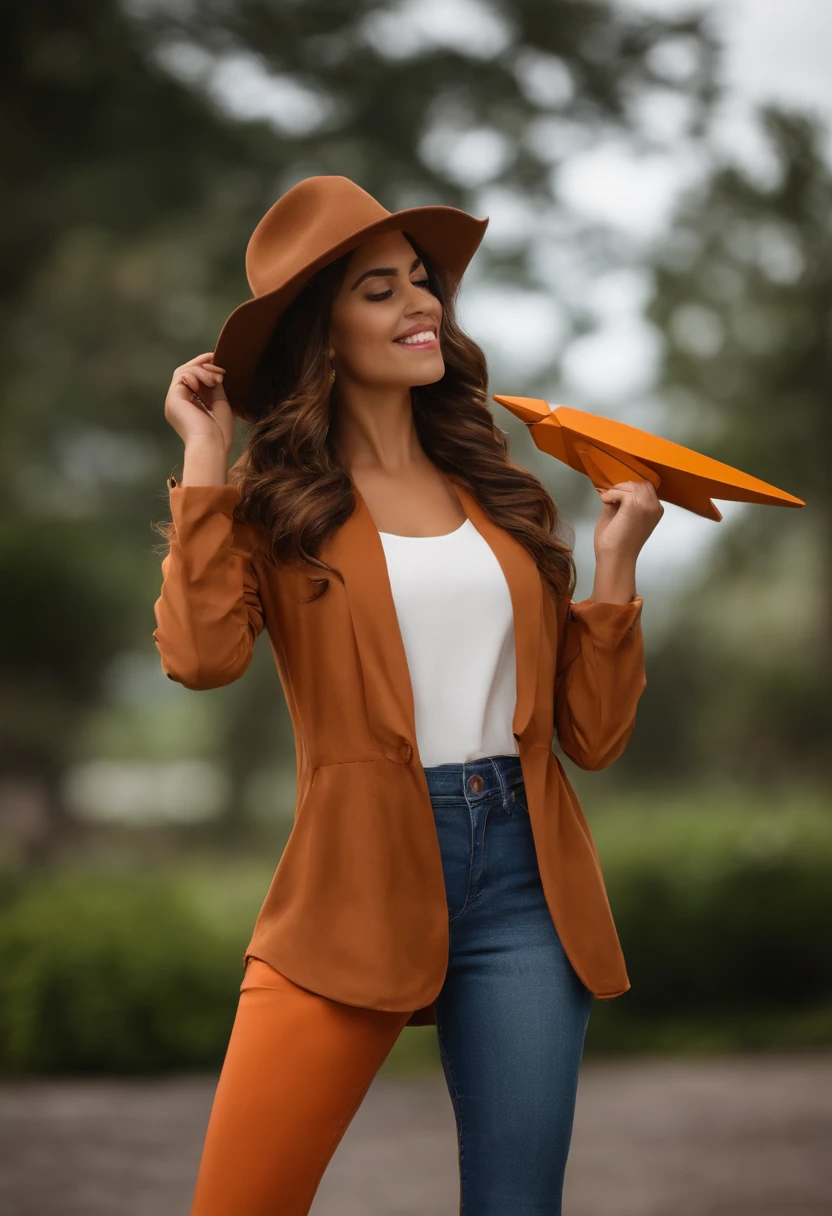 Garoto, estilo disney, tom de pele: claro: Cabelo: marrom escuro, liso, curto, penteado para o lado direito. camisa Cor rosa choque, dark blue jeans, Pana-style hat in a brown color on the head, sapato marrom escuro, ao lado de uma menina de pele clara, cabelo ruivo avermelhado liso, White shirt and orange pants, With light brown libro in hand,,. Background: a giant paper airplane, Book with light brown cover in hand, ambos sorrindo, feliz, (estilo pixar) (obra-prima:1.2) (bokeh) (melhor qualidade) (pele detalhada) (textura detalhada) (8k) (claymation) (cinematic lighthing) (foco nítido