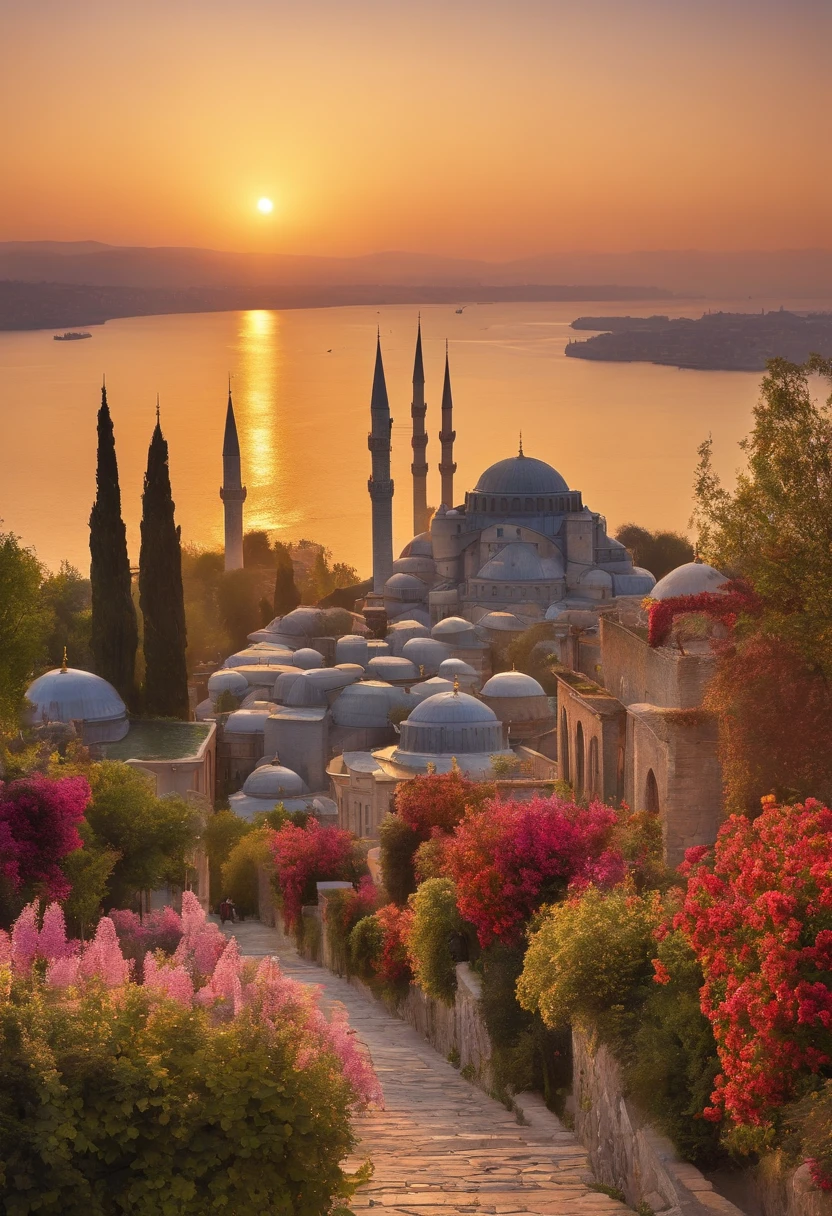 A Muslim man wearing a peci is contemplating sitting on a hill alone, looking at the view of the mosque below which is surrounded by a flower garden, trees and a small river flowing by.