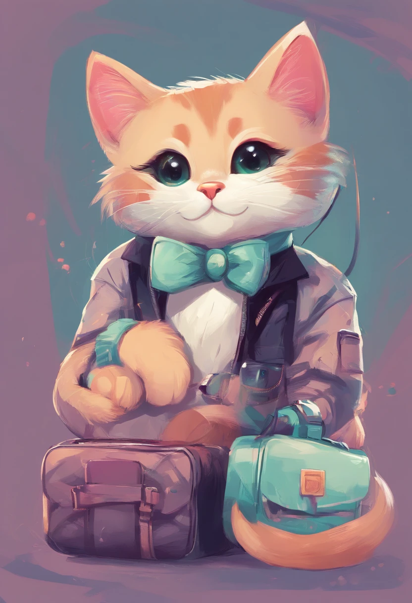 Smartphones and cats,Cute character kitten,３D-shaped kitten,Kitten wearing a friendly fashion brand,mascot,Logo style,Kitten with a smiling expression with a pop image,Kitten happy to have a mobile phone