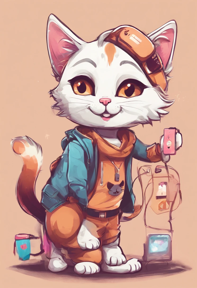 Smartphones and cats,Cute character kitten,3D-shaped kitten,Kitten wearing a friendly fashion brand,mascot,Logo style,Kitten with a smiling expression with a pop image,Kitten happy to have a mobile phone