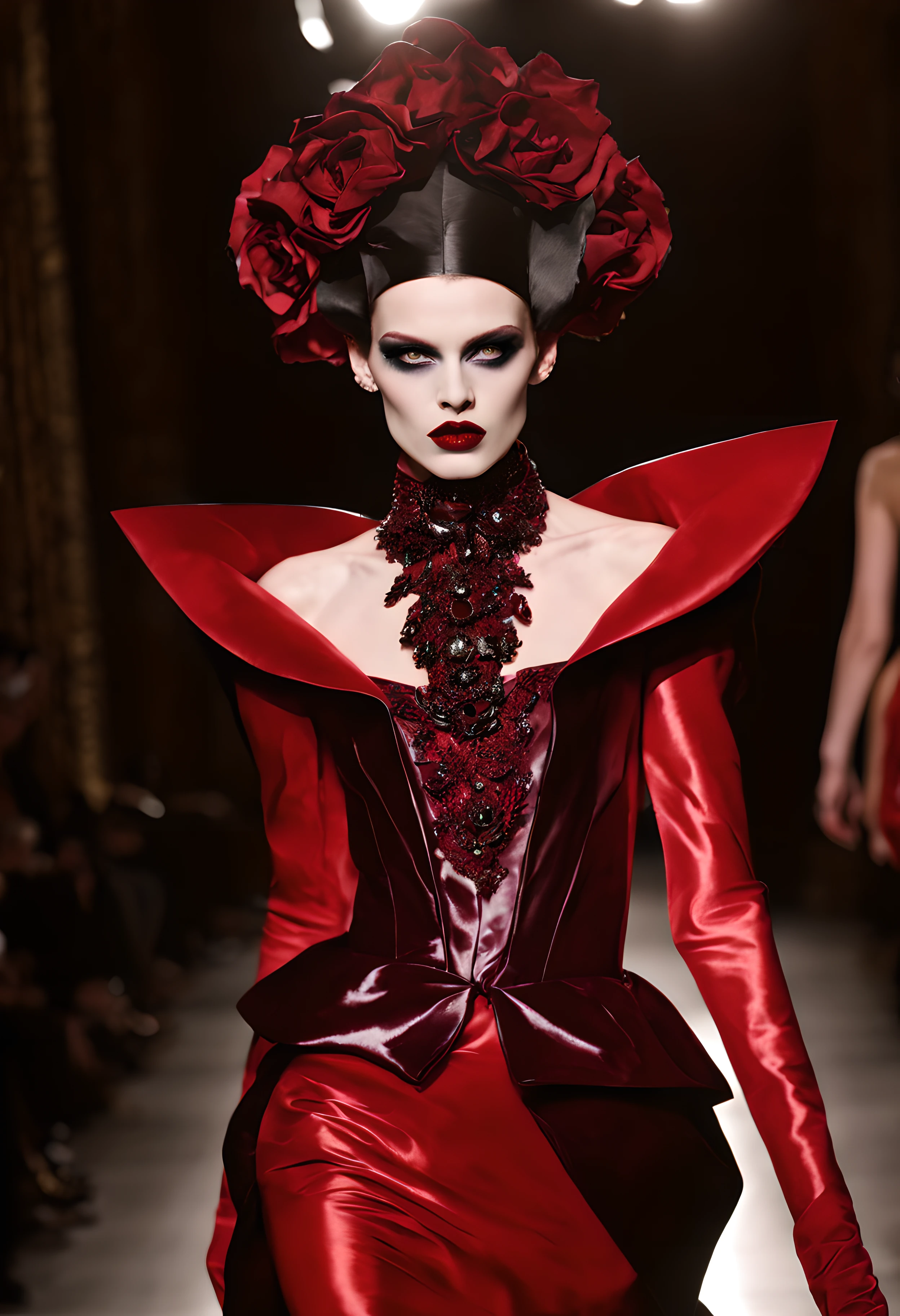 (fashion show:1.3), vampire model dressed in an extraordinary avant-garde gown, strutting down the runway of a high-fashion showcase, her porcelain skin contrasting against her deep crimson lips, she exudes an aura of otherworldly beauty, it is a fusion of darkness and extravagance