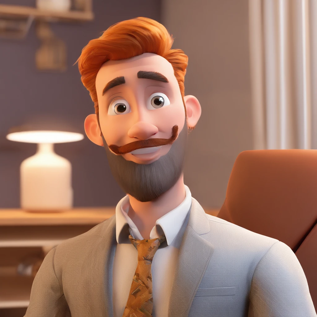 Criar um personagem no estilo Pixar. Trata-se de um homem de 30 anos, com barba, Branco, com cabelos castanhos curtos e um quiff, e olhos castanhos. Ele deve estar na frente de um computador, Trabalhar como designer