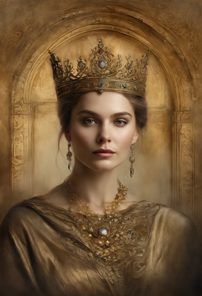 (gold crown), (best quality, highres, masterpiece:1.2), ultra-detailed, realistic:1.37, portraits, ashes, fine details, shimmering gold, ethereal lighting, surreal, intricate patterns, regal, majestic, post-apocalyptic setting, faded glamour, haunting, somber atmosphere, desolation, smoke, ruins, ancient artifact, cracked paint, golden reflections, delicate filigree, worn texture, regal portrait, timeless beauty, flickering shadows, abandoned throne, golden decay, faded glory, forlorn elegance, echoes of a lost kingdom, remnants of power, melancholic solitude, golden symbolism, lost history, whispers of grandeur, fragile allure.