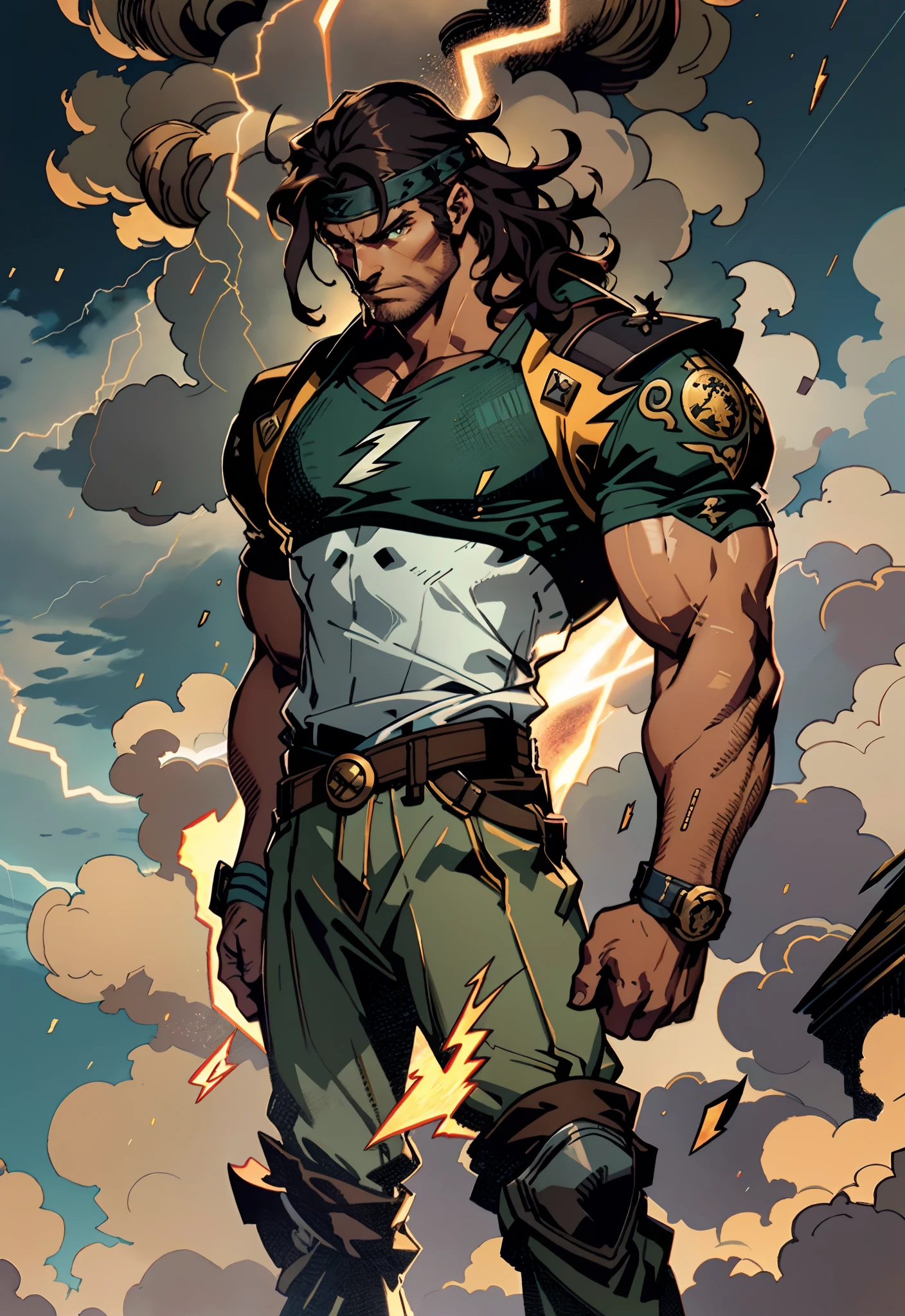 A middle-aged man, dark green long hair, wildly disheveled and exaggerated hairstyle, a headband, no eyebrows, a stern gaze, a well-defined facial structure, a tall and muscular physique, a fantasy-realistic style outfit, only a half-length windbreaker coat, sleeveless, revealing sturdy abdominal muscles, wearing wrist guards, matching trousers with the outfit, standing like a deity, dark clouds gathering in the sky, flashes of lightning and thunder, wild winds swirling around, this character embodies a finely crafted fantasy-style wild overlord in anime style, characterized by an exquisite and mature manga illustration art style, high definition, best quality, highres, ultra-detailed, ultra-fine painting, extremely delicate, professional, anatomically correct, symmetrical face, extremely detailed eyes and face, high quality eyes, creativity, RAW photo, UHD, 8k, Natural light, cinematic lighting, masterpiece-anatomy-perfect, masterpiece:1.5