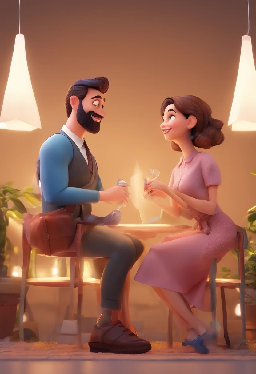 An illustration of an adorable couple, Destacando um homem e uma mulher com beleza, Expressive eyes – the man's hair is bald and brown and he has a full beard, While the woman's hair is tied up in a bun and blonde. They are a bright space, Todos com um sorriso no rosto, e compartilhe um momento especial, That is marked by love, viagem, and pedagogical insights. Ilustre esta cena a partir de uma perspectiva, where they're facing away from the camera, Show Your Connection. Desenvolva esta arte em Full HD, Focus on your cinematic touch, Estilo Disney Pixar Animations