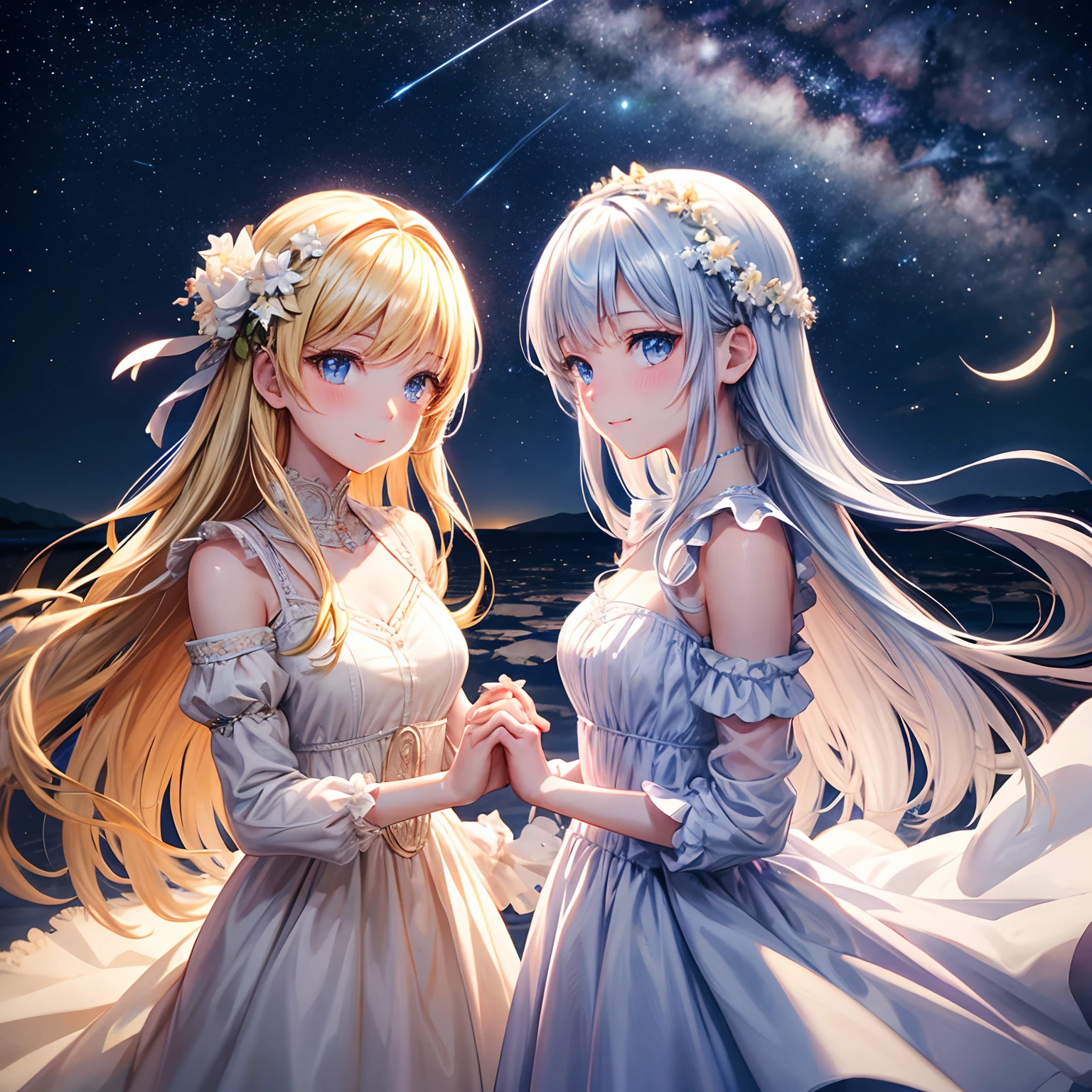 meteor, star river, best starry sky,two anime style ladies making hands together in front of night sky background, multiple girls, 2girls, blue eyes, hair flower, blonde hair, hair ornament, flower, dress, long hair, white dress, holding hands, blush, looking at viewer, white flower, closed mouth, star (sky), smile, sky