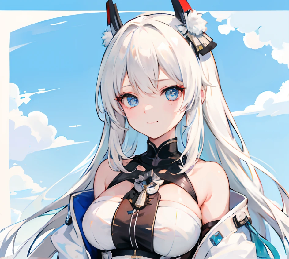 Close-up of the people in the car,There is a sky background, Blonde anime girl with long hair, 《azur lane》role, White-haired god, Ayaka Genshin impact, isekai, from girls frontline, Girl with white hair, Artoria Pendragon, A scene from the《azur lane》videogame, azur lane style, roguish smirk