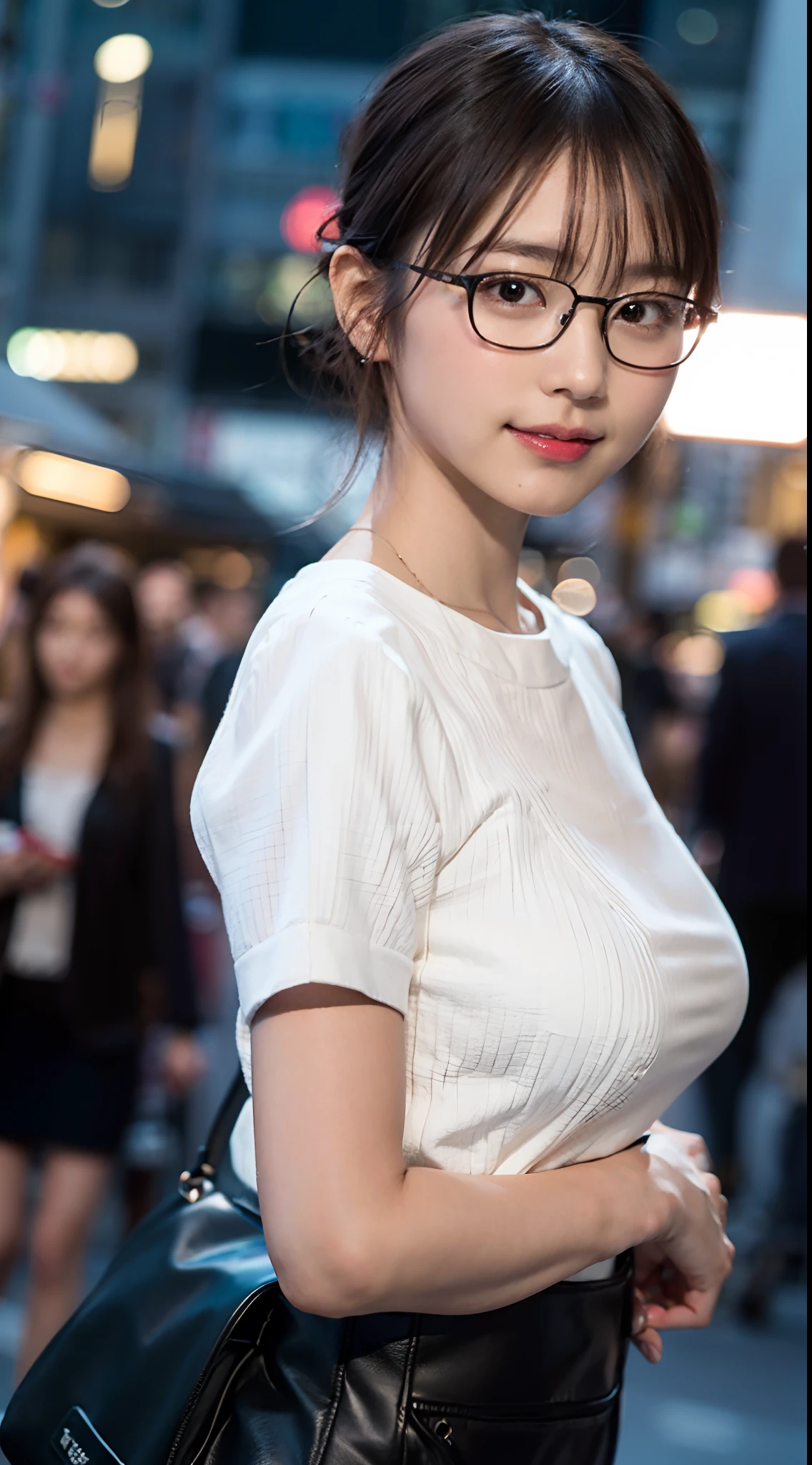 (8K、Raw photography、top-quality、masterpiece:1.2)、(realisitic、Photorealsitic:1.37)、ultra-detailliert、超A high resolution、女の子1人、see the beholder、beautifull detailed face、A smile、Constriction、(Slim waist) :1.3)、((White blouse clothes))、Beautiful detailed skin、Skin Texture、Floating hair、((Hair bunched into one))、large full breasts、Professional Lighting、In front of the station at noon、((Black square glasses))、Whole human body、Brown hair、phone、