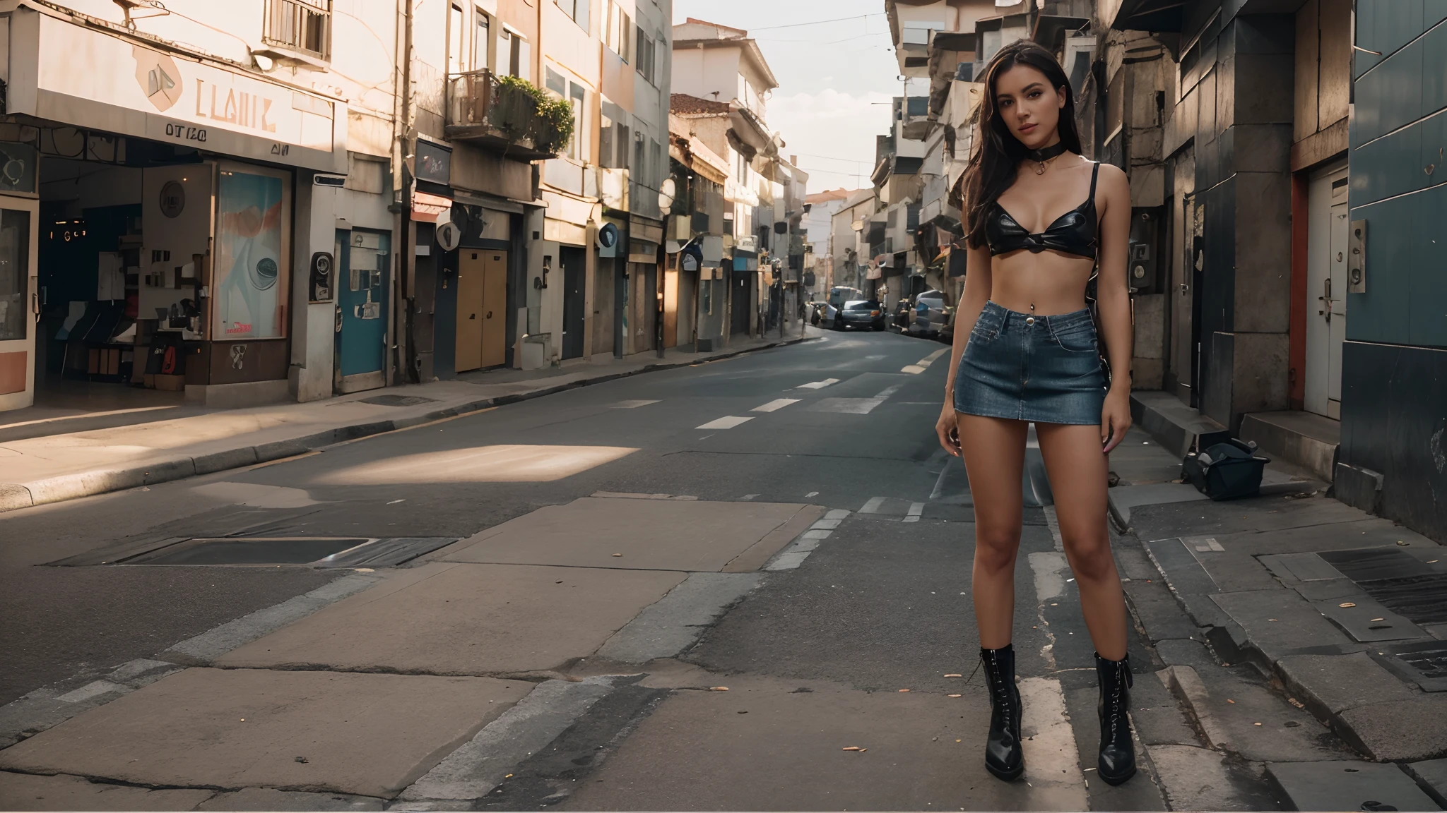 Garota loira de 19 anos, nua, nsfw, muito bonita, athletic, cabelos loiros, olhos azuis, red-lips, franja, usando short denim skirt, saia muito curta, pernas grossas, pernas bonitas, cintura estreita, botas de coxa de couro preto, saia denim curta, denim mini-skirt, mini-saia, saia curta azul, cinto de couro preto, seios pequenos, mamilos rosados, porcelain skin, The girl is wearing a black leather choker, the girl is wearing black leather boots, botas de coxa de couro preto, The girl is standing on a street in a cyberpunk city, sob o sol do meio dia.