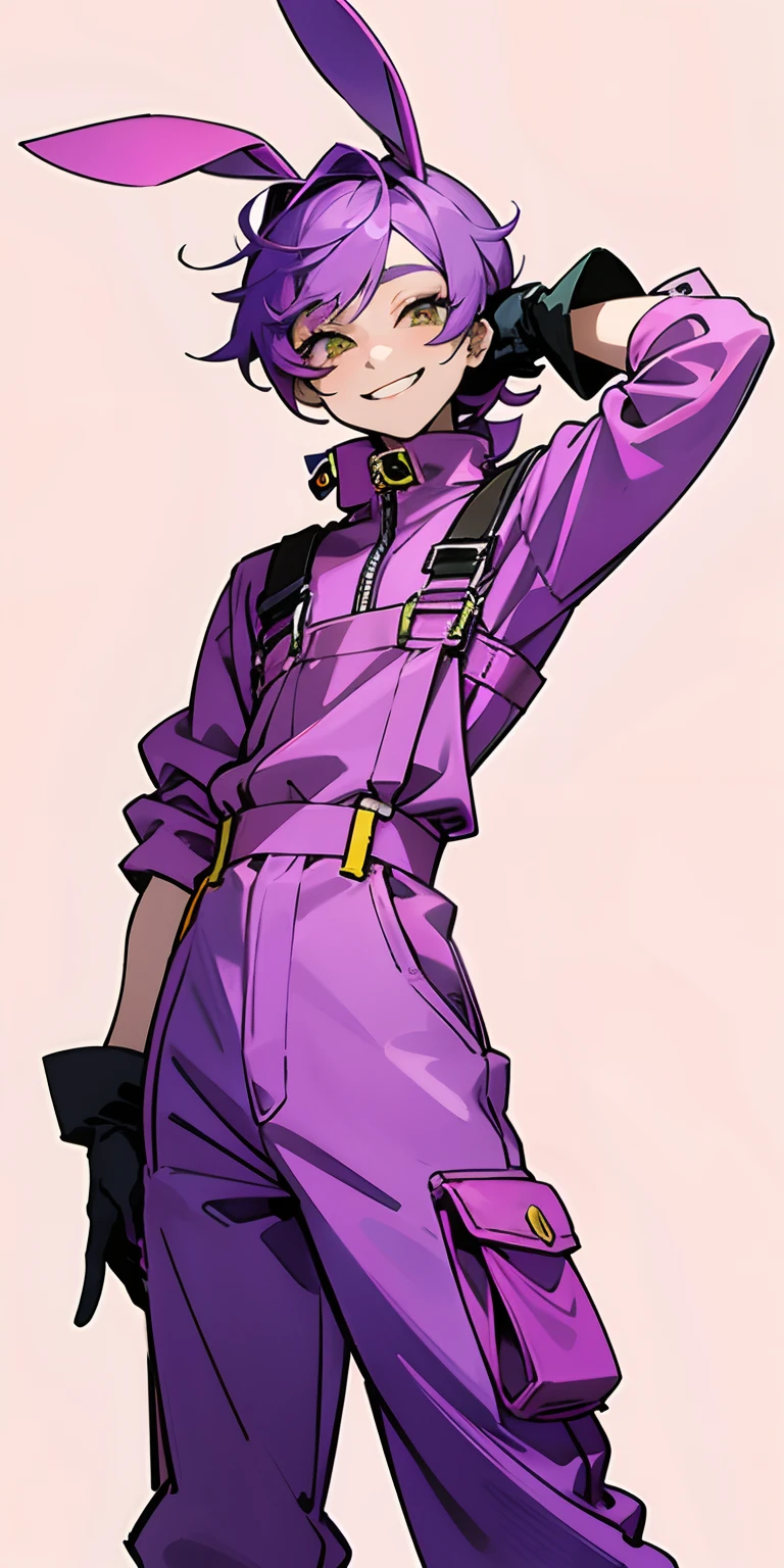 kpop boy wearing a soft purple turtle neck outfit, with a pink fuchsia-colored overalls , yellow gloves, smile with teeth, purple rabbit ear, smirk rizz face, attractive pose cannot be ressist
