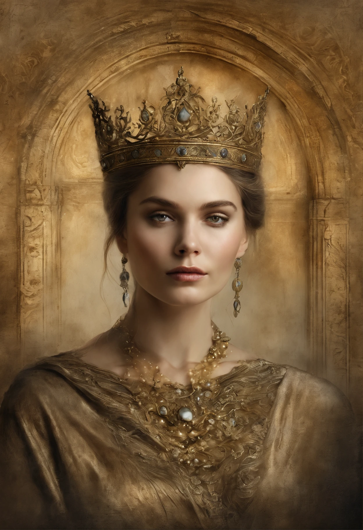 (gold crown), (best quality, highres, masterpiece:1.2), ultra-detailed, realistic:1.37, portraits, ashes, fine details, shimmering gold, ethereal lighting, surreal, intricate patterns, regal, majestic, post-apocalyptic setting, faded glamour, haunting, somber atmosphere, desolation, smoke, ruins, ancient artifact, cracked paint, golden reflections, delicate filigree, worn texture, regal portrait, timeless beauty, flickering shadows, abandoned throne, golden decay, faded glory, forlorn elegance, echoes of a lost kingdom, remnants of power, melancholic solitude, golden symbolism, lost history, whispers of grandeur, fragile allure.