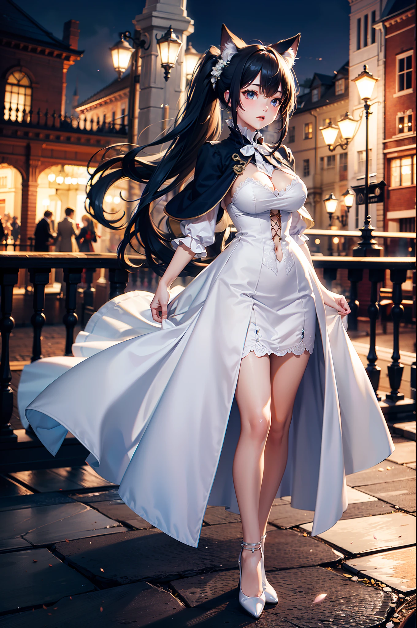 best quality, ultra detailed, full body, depth of field, white wavy fluttering victorian dress, teardrop breasts, long wavy ponytail, late evening, park riverside, animal ears, perfect anatomy,