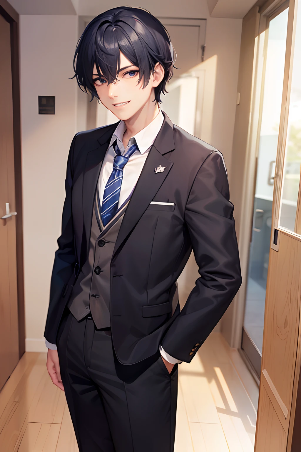 A mature boy with a devilish grin, wearing a school uniform, (standing)