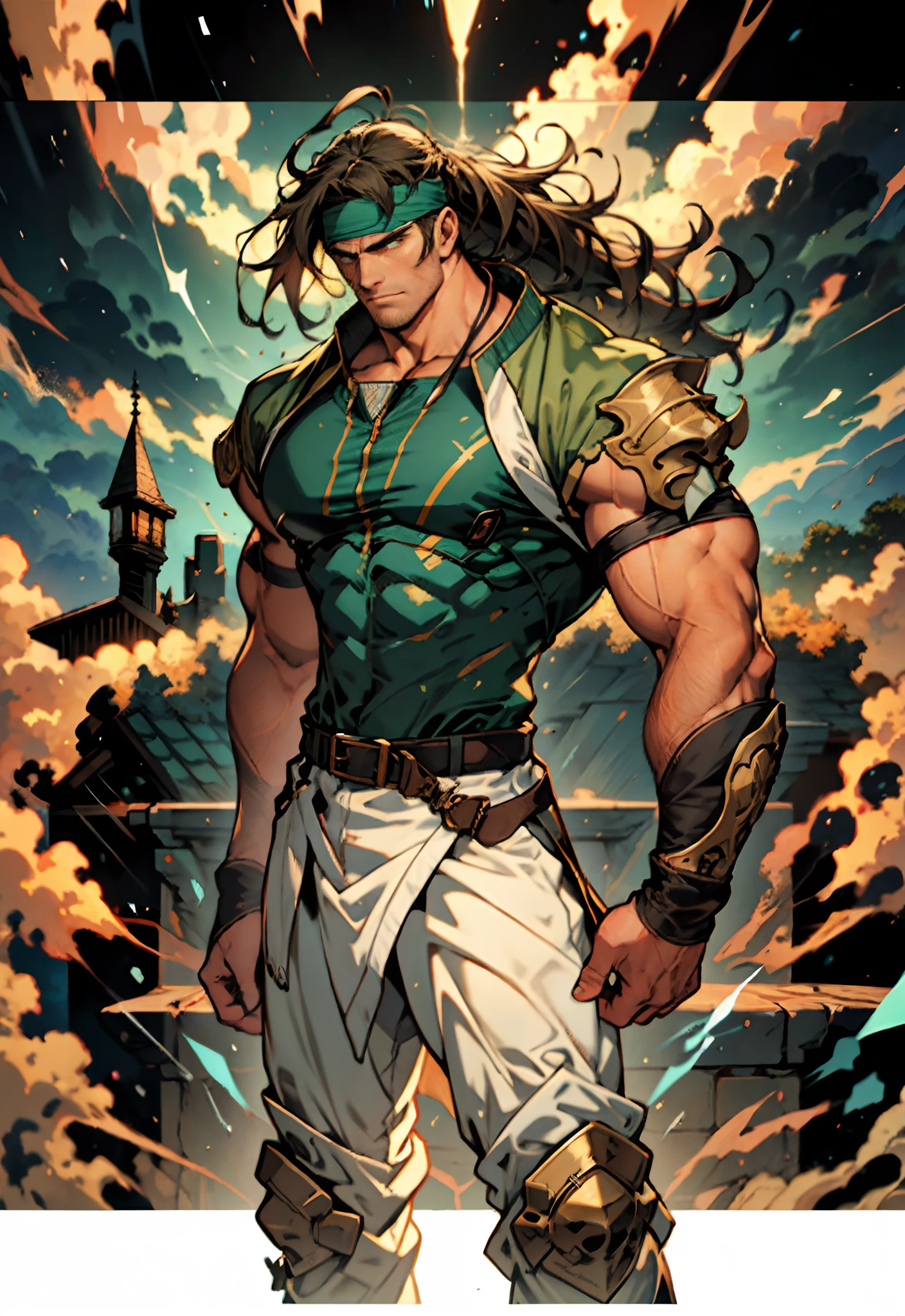 A middle-aged man, dark green long hair, wildly disheveled and exaggerated hairstyle, a headband, no eyebrows, a stern gaze, a well-defined facial structure, a tall and muscular physique, a fantasy-realistic style outfit, only a half-length windbreaker coat, sleeveless, revealing sturdy abdominal muscles, wearing wrist guards, matching trousers with the outfit, standing like a deity, dark clouds gathering in the sky, flashes of lightning and thunder, wild winds swirling around, this character embodies a finely crafted fantasy-style wild overlord in anime style, characterized by an exquisite and mature manga illustration art style, high definition, best quality, highres, ultra-detailed, ultra-fine painting, extremely delicate, professional, anatomically correct, symmetrical face, extremely detailed eyes and face, high quality eyes, creativity, RAW photo, UHD, 8k, Natural light, cinematic lighting, masterpiece-anatomy-perfect, masterpiece:1.5