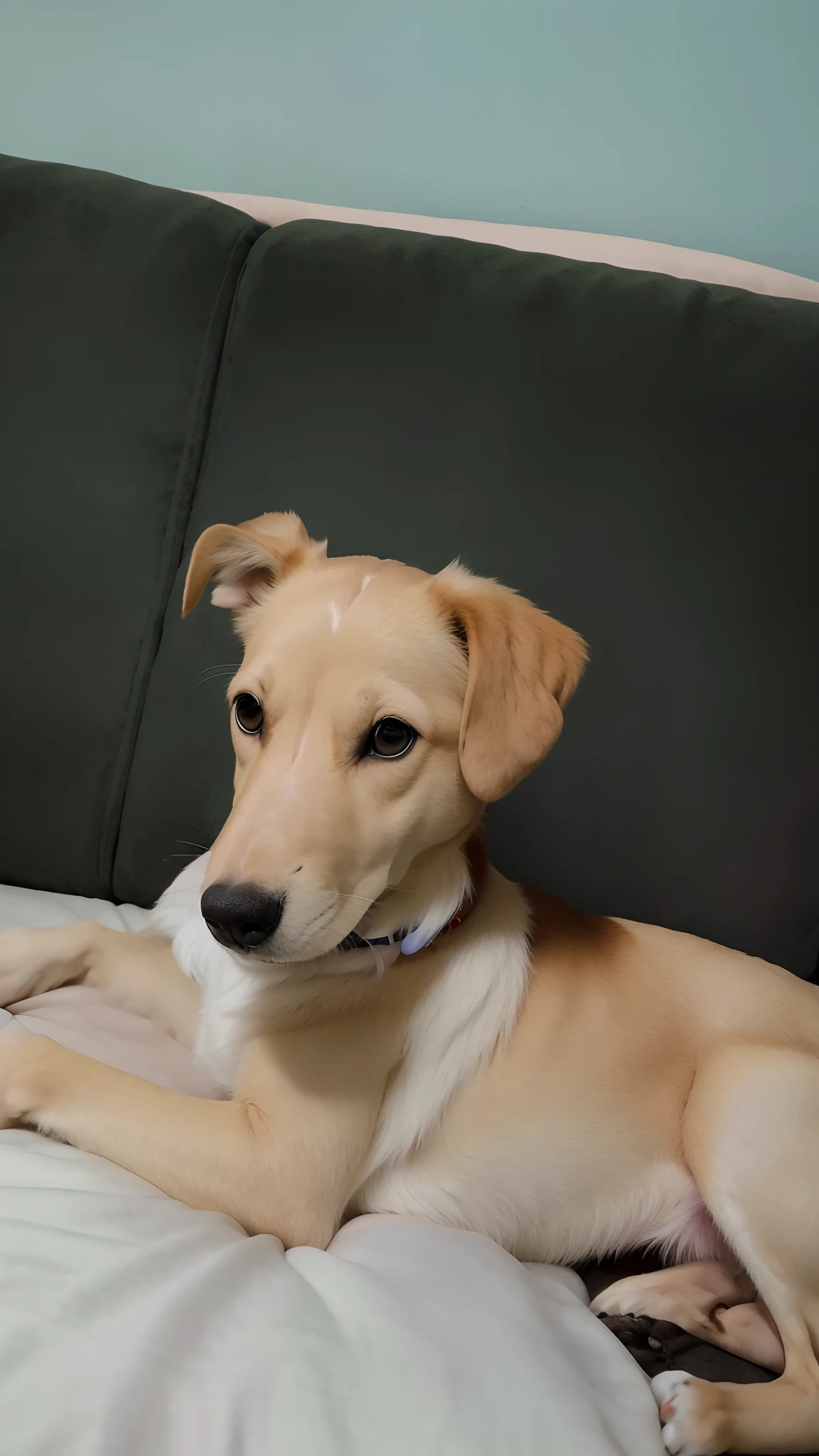 There's a dog that's lying on a couch with a pillow, young handsome pale roma, peludo bonito precisa de sua ajuda, imagem de listagem, foto de retrato em close-up, pale pointed ears, Tomado com Sony Alpha 9, um bonito, nariz rosa pontiagudo longo, Close portrait, muito bonito, adoptable, olhando de lado!, com olhos bonitos