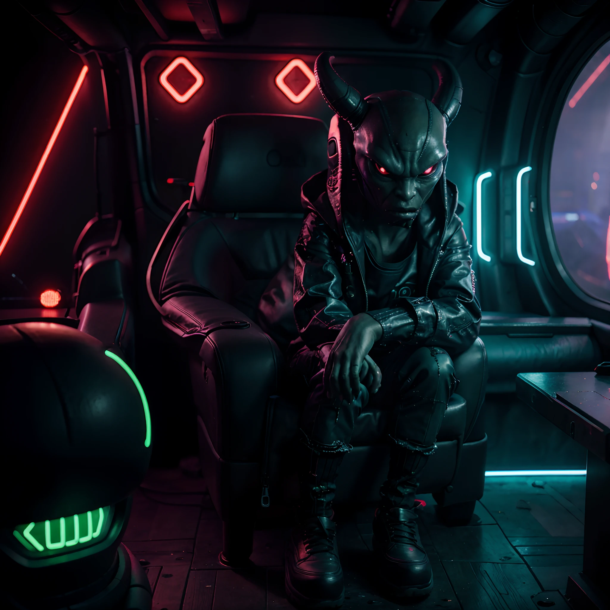 An alien, looks angry, drinking a car, hands on the streering wheel, wearing alien clothes, neon colors, destruction outside, high detail, 8k, high quality