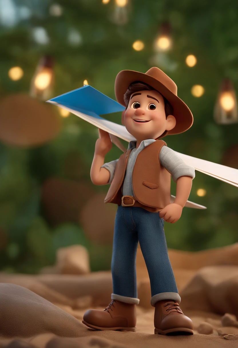 Menino, estilo disney, tom de pele: claro:  Cabelo: castanho, liso, curto, penteado para o lado direito. camisa Cor rosa, Dark Blue Jeans Pants, Pana-style hat in a brown color on the head, sapato marrom escuro, . Background: a giant paper airplane, Book with light brown cover in hand,  ambos sorrindo, feliz, (estilo pixar) (obra-prima:1.2) (bokeh) (melhor qualidade) (pele detalhada) (textura detalhada) (8k) (claymation) (cinematic lighthing) (foco nítido