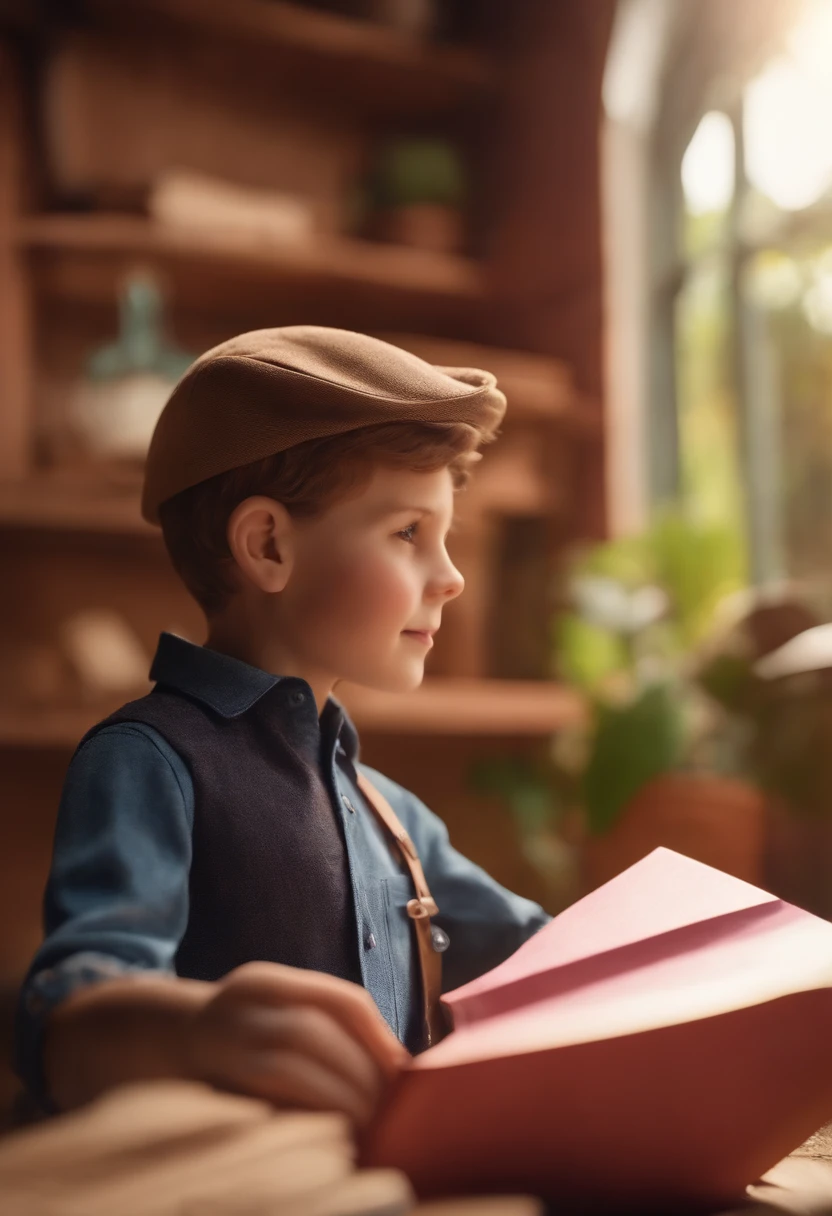Menino, estilo disney, tom de pele: claro: Cabelo: castanho, liso, curto, penteado para o lado direito. camisa Cor rosa, Dark Blue Jeans Pants, Pana-style hat in a brown color on the head, sapato marrom escuro, . Background: a giant paper airplane, Book with light brown cover in hand, ambos sorrindo, feliz, (estilo pixar) (obra-prima:1.2) (bokeh) (melhor qualidade) (pele detalhada) (textura detalhada) (8k) (claymation) (cinematic lighthing) (foco nítido