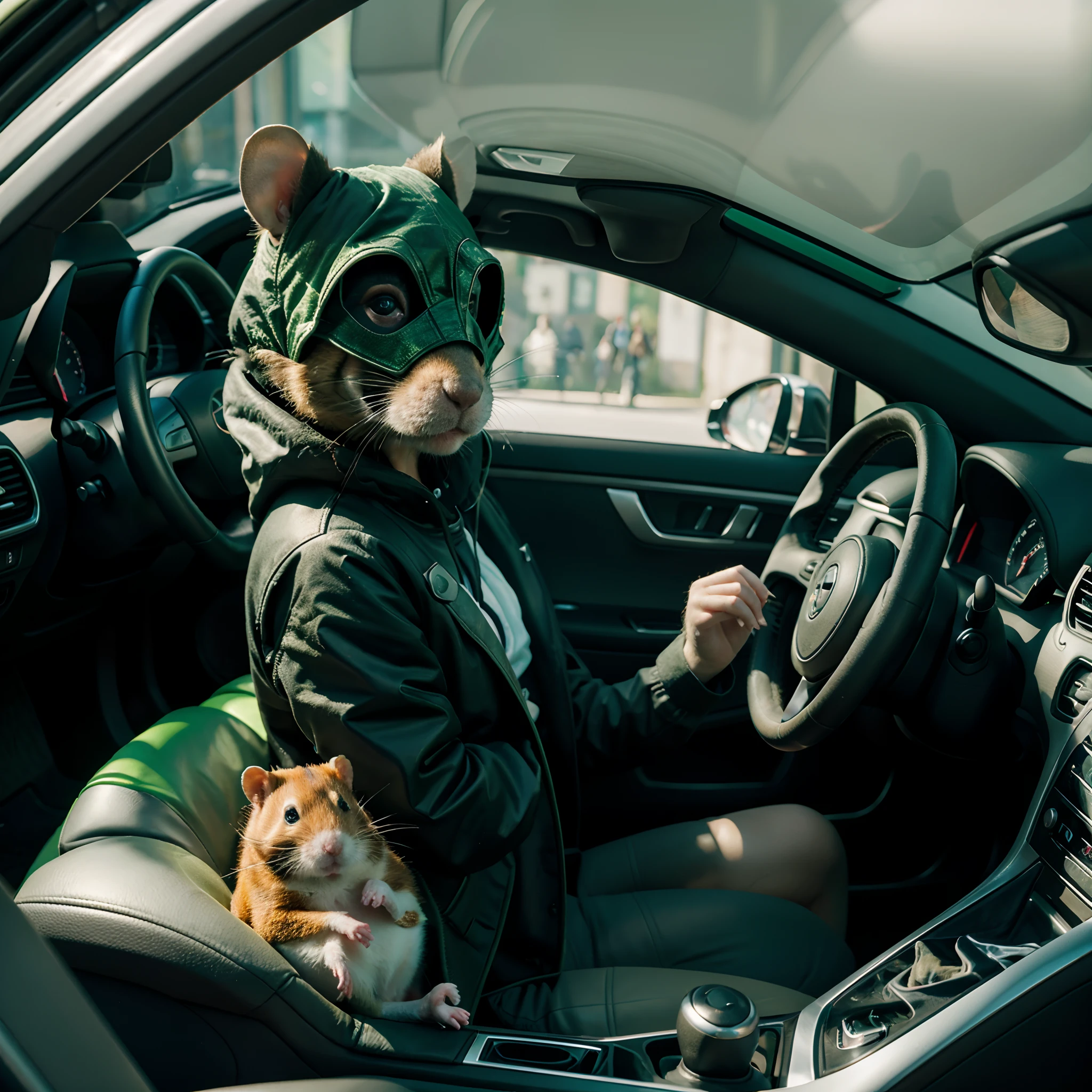 A hamster, wearing a plague mask, in a car, hands on the steering wheel, the air looks green outside, neon colors, 8k, high detail, high quality