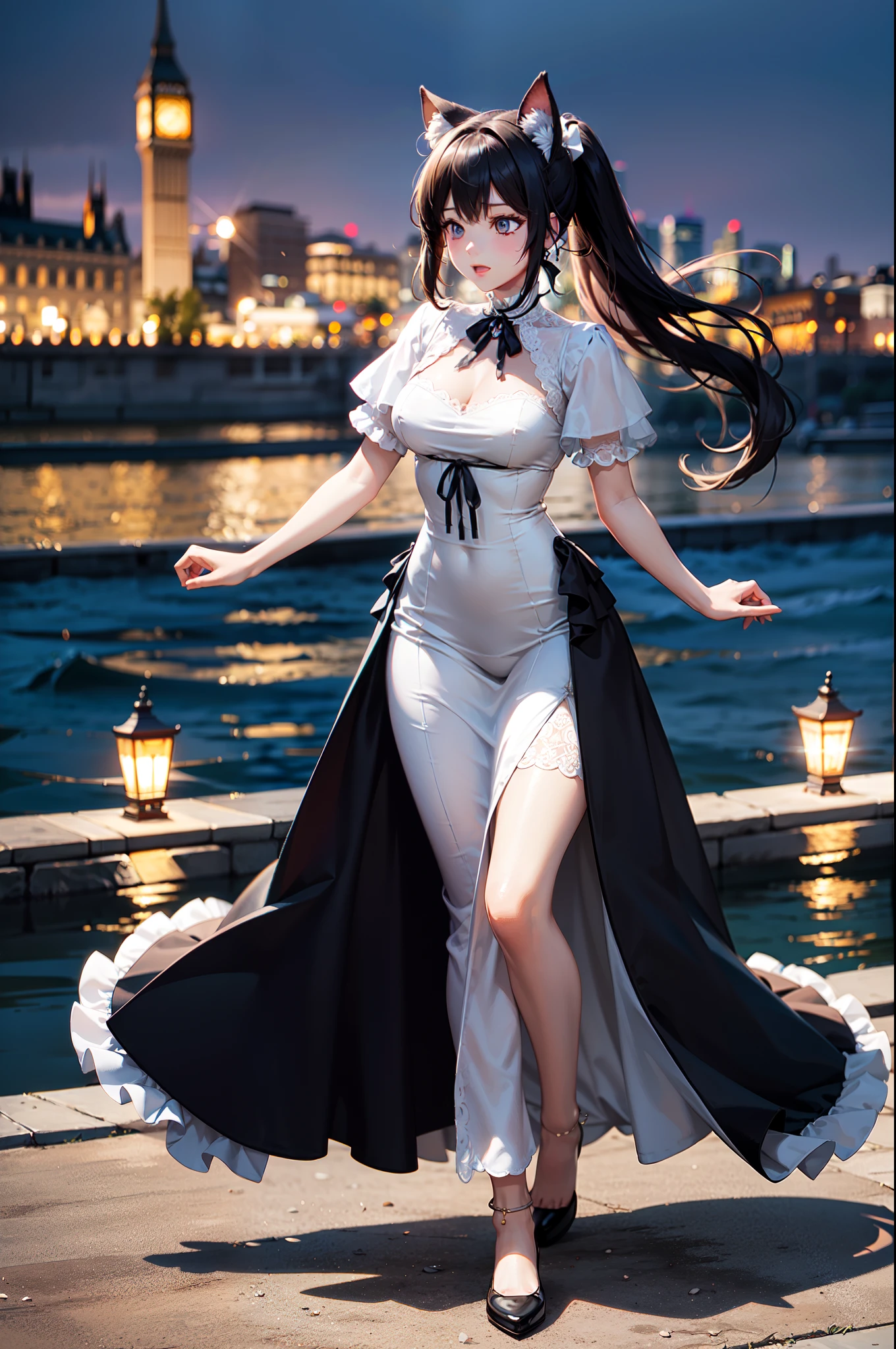 best quality, ultra detailed, full body, depth of field, white wavy fluttering victorian dress, teardrop breasts, long wavy ponytail, late evening, park riverside, animal ears, perfect anatomy,