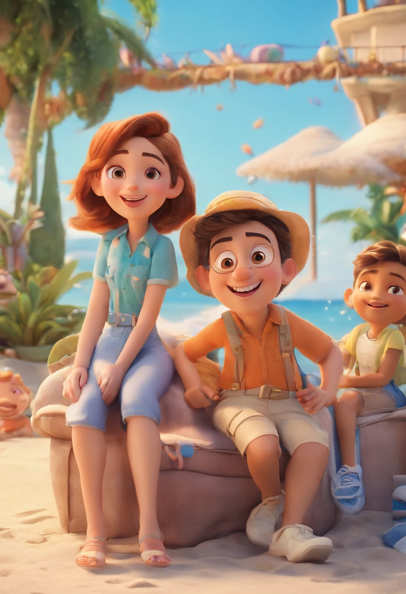 Cartoon of friends having fun on vacation together, 3D Animation Movie Poster, Poster de filme animado, pixar 3 d animation style, pixar renderman rendering, maia 8 mil, animated film, Disney Pixar Estilo 3D, amigos felizes saem juntos, all wearing light blue shirts and cream brown long pants, camisa azul clara, cream brown pants, ao ar livre, vacation, Disney Pixar Animation Poster